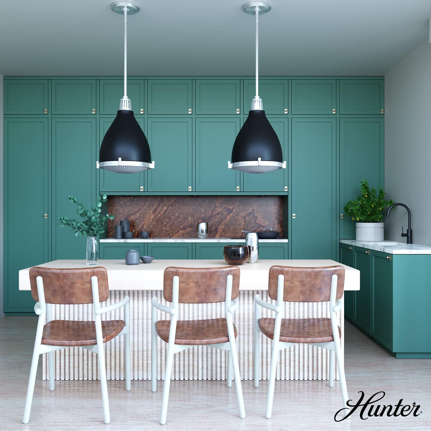Hunter – Bluff View – Lámpara colgante de 3 luces, color negro mate, tamaño mediano, regulable, estilo casual, con forma de campana, para