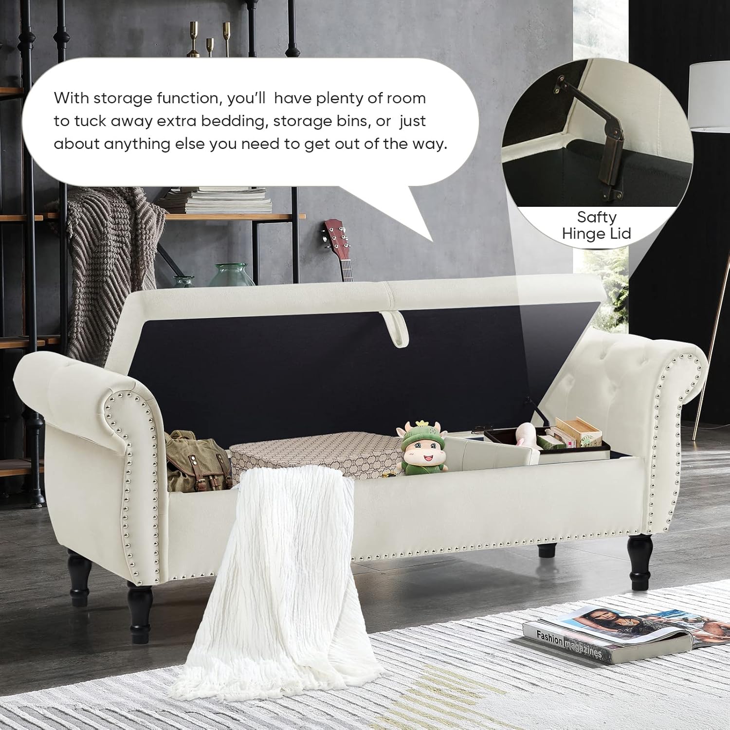 KINFFICT Banco de almacenamiento tapizado de terciopelo, beige, marco de madera de caucho, amplio espacio de almacenamiento, diseño elegante, uso