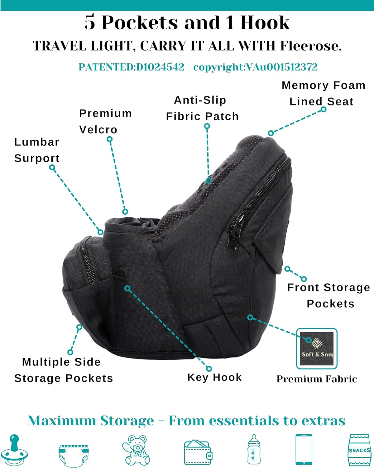 Portabebés de cadera – Nuevo diseño de banco ergonómico, múltiples bolsillos y soporte lumbar y materiales transpirables para recién nacidos y niños