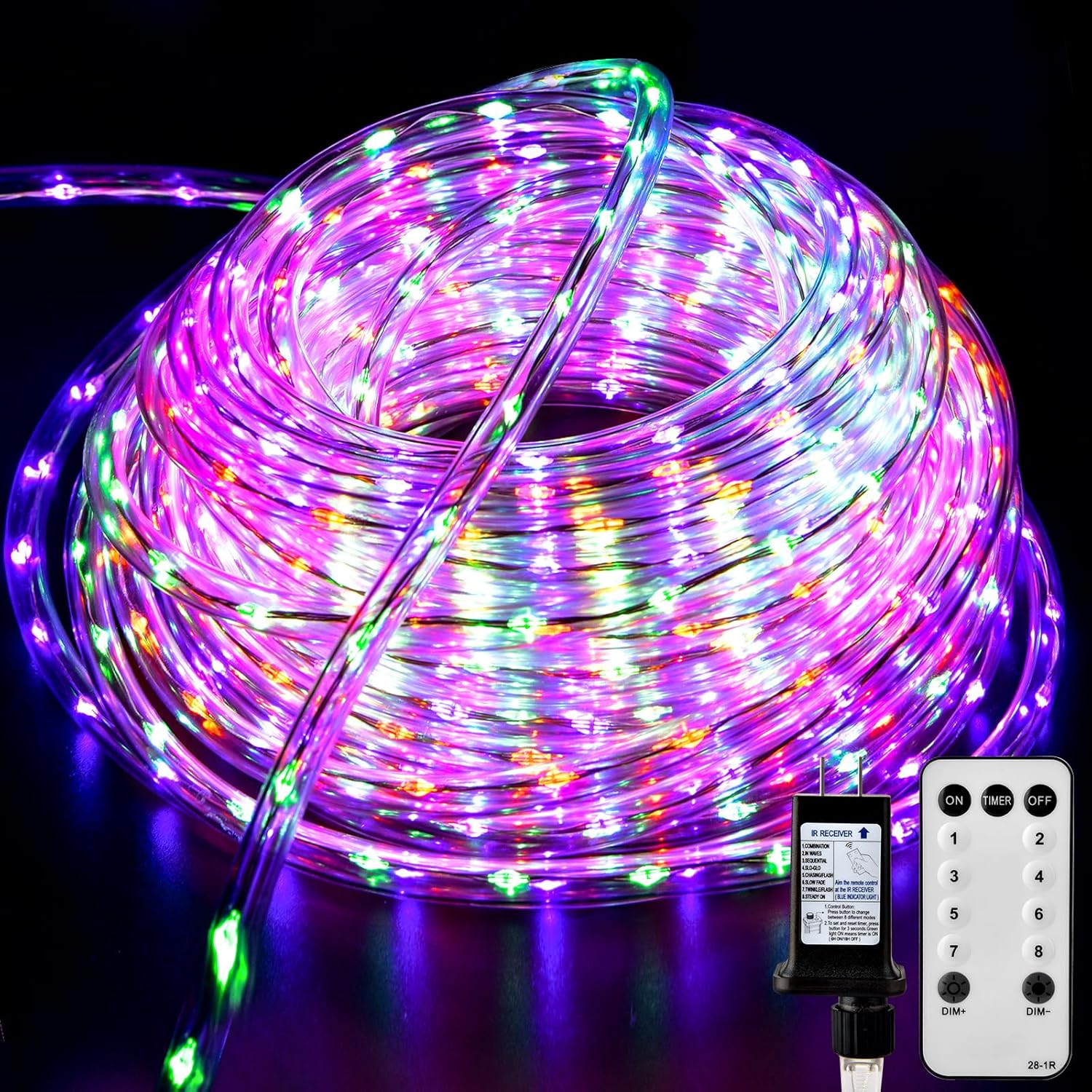 Cuerda de luces LED impermeables para exteriores, luces LED, luces de cadena de luces moradas, verdes y naranjas con 8 modos, función de memoria y