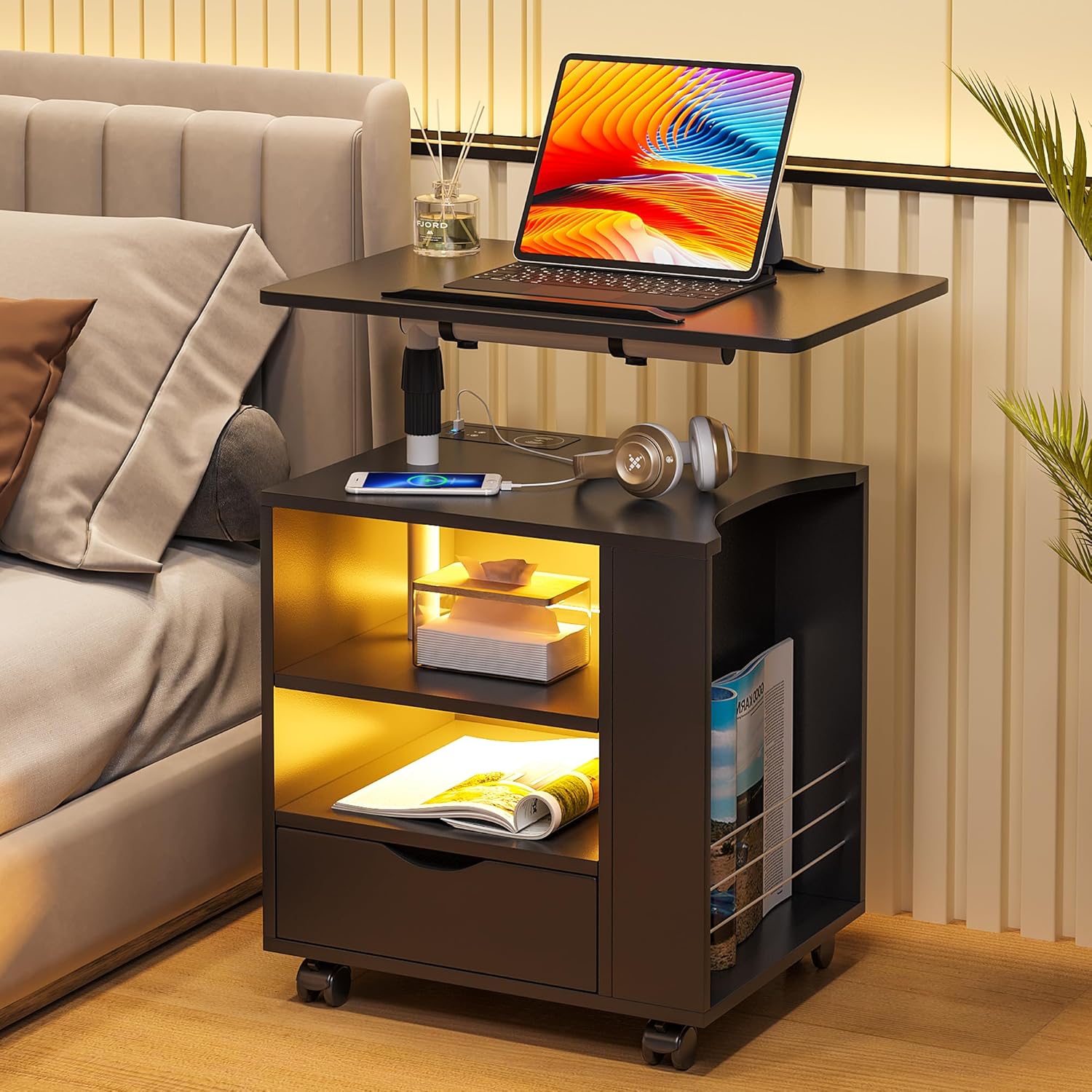 HNEBC Mesita de noche LED con estación de carga inalámbrica, mesita de noche con mesa giratoria ajustable, mesitas de noche con un cajón y 2