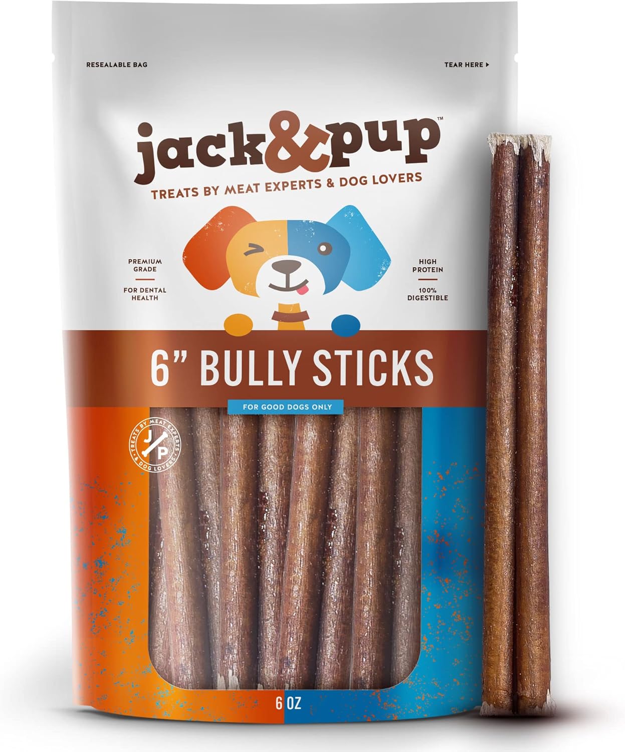 Jack&Pup Bully Sticks masticables para perros de 6 pulgadas, sin olor, un solo ingrediente, todos los palitos naturales para perros (6 onzas, 1012