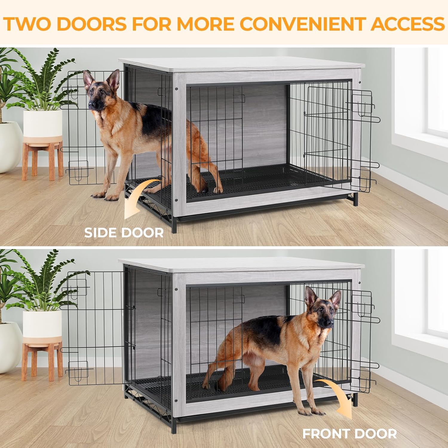 TLSUNNY Muebles de jaula para perros, mesa de madera de 44.1 pulgadas, perrera de interior con 2 puertas, moderna jaula para perros con bandeja