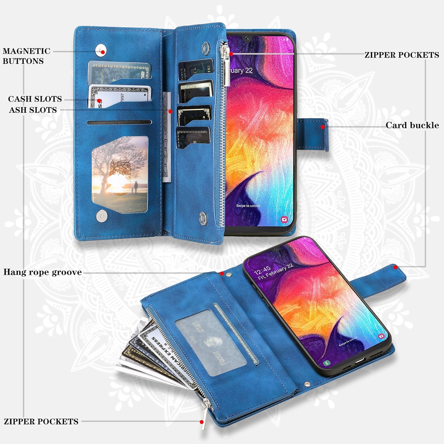 Asuwish Funda de teléfono para Samsung Galaxy A50 A50S A30S Funda tipo cartera con protector de pantalla de vidrio templado y Mandala Flower Flip