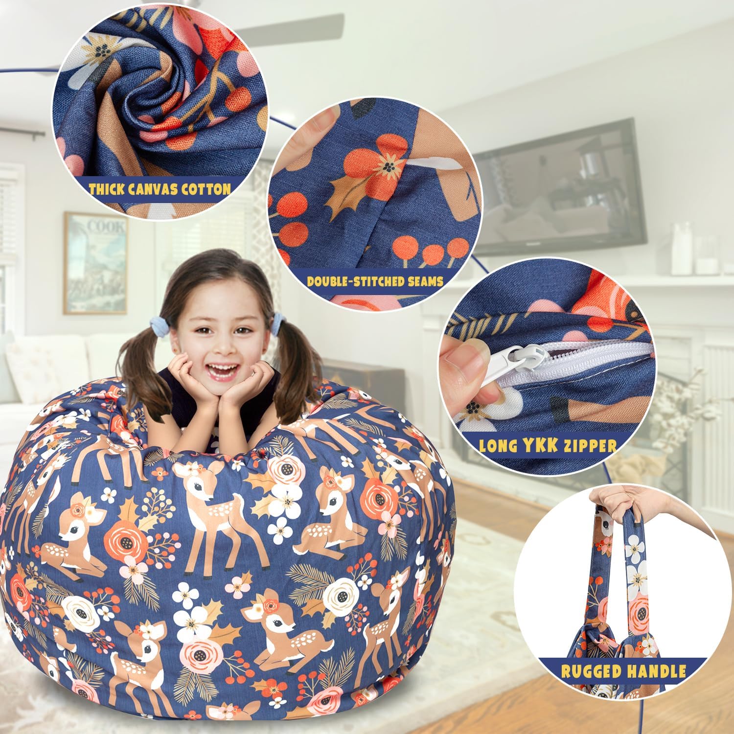LOLOMLO Funda para puf de almacenamiento de animales de peluche, para niños, mantas, toallas, puf (solo funda), sofá de lona con cremallera YKK,