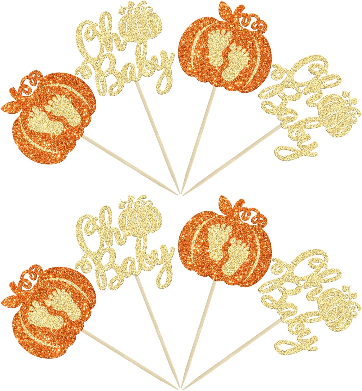 24 piezas de calabaza Oh Baby Cupcake Toppers con purpurina para pies de bebé, calabaza para cupcakes temáticos de otoño, baby shower, fiesta de
