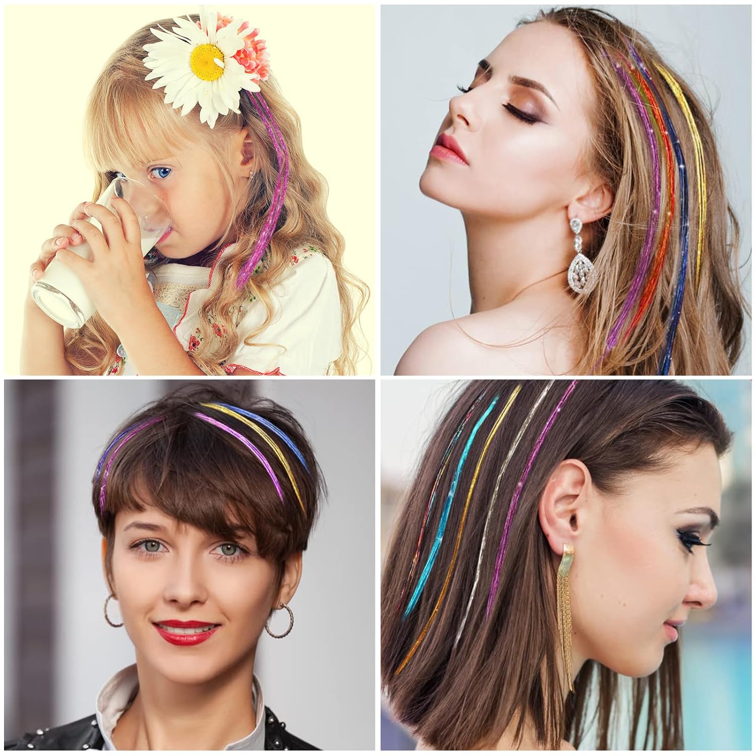 Kit de oropel para el cabello (48 pulgadas, 16 colores, 4800 hebras, 1 alicate, 2 pinzas para el cabello, 1 trío, 200 cuentas de anillo de