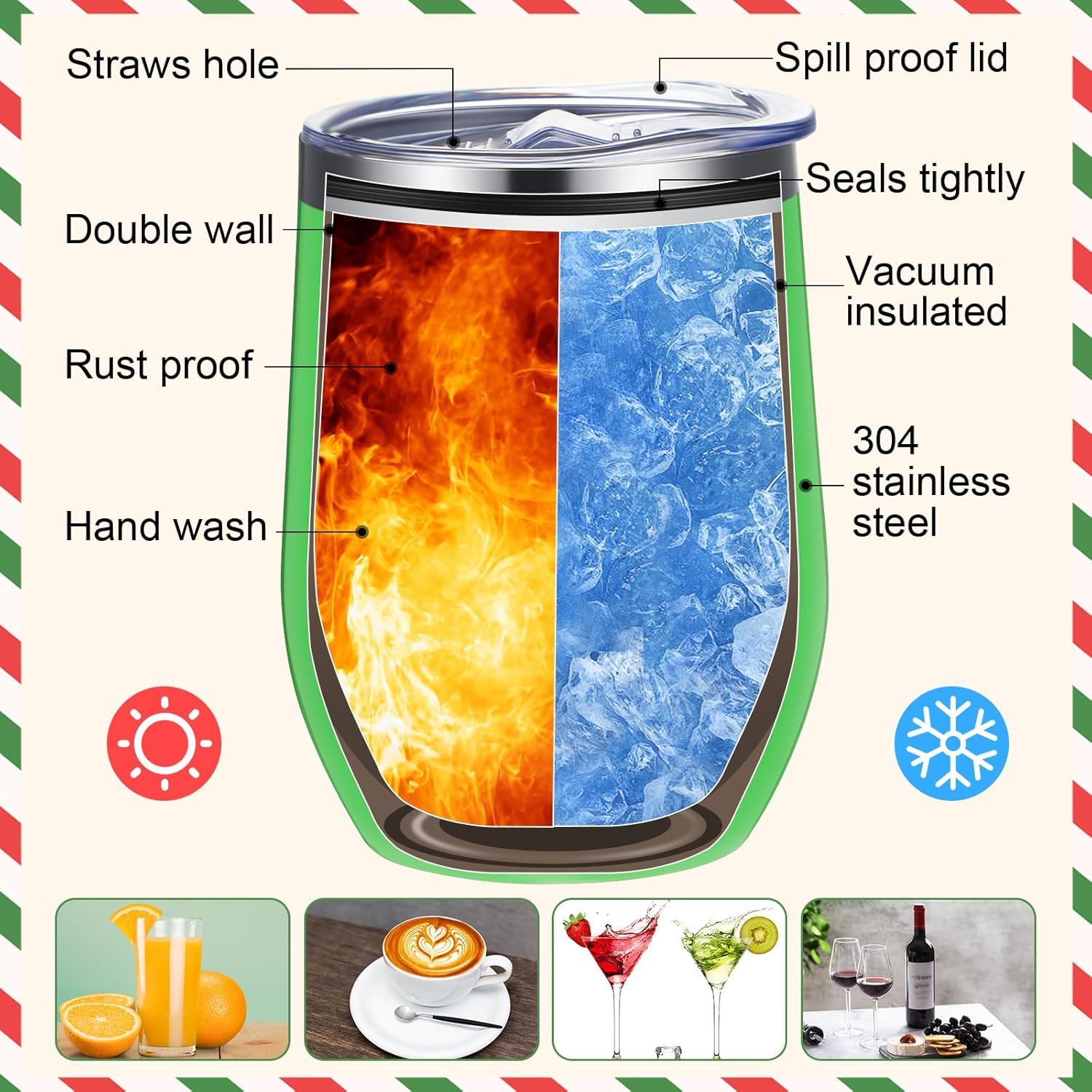Gejoy Vaso de Navidad, vaso de acero inoxidable de 12 onzas con tapa, taza de vino de viaje, botella de té, taza de café de doble capa al vacío de