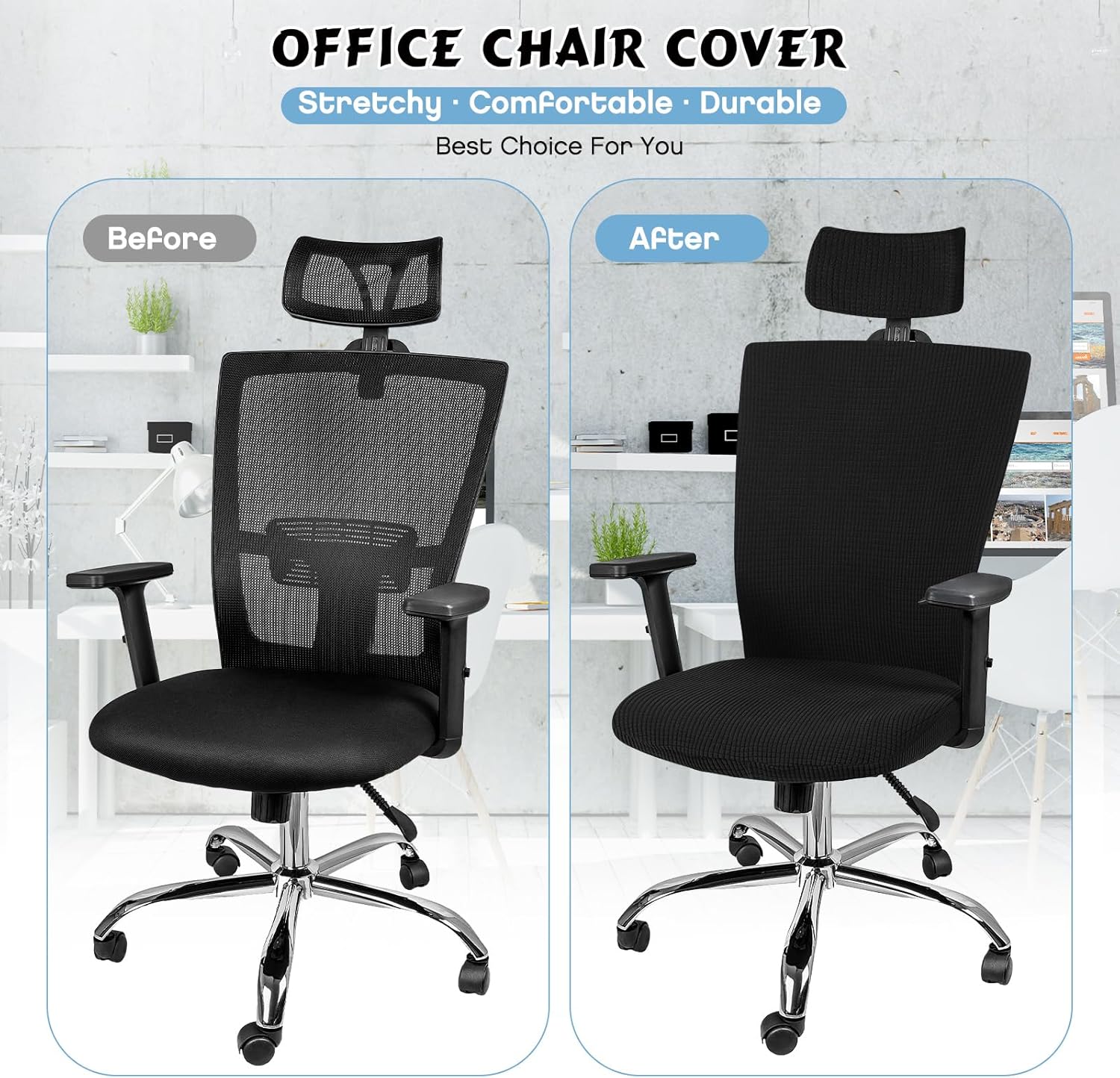 Lounsweer Funda para silla con reposacabezas de 3 piezas, funda para silla de oficina, con ruedas, fundas elásticas y lavables para silla de