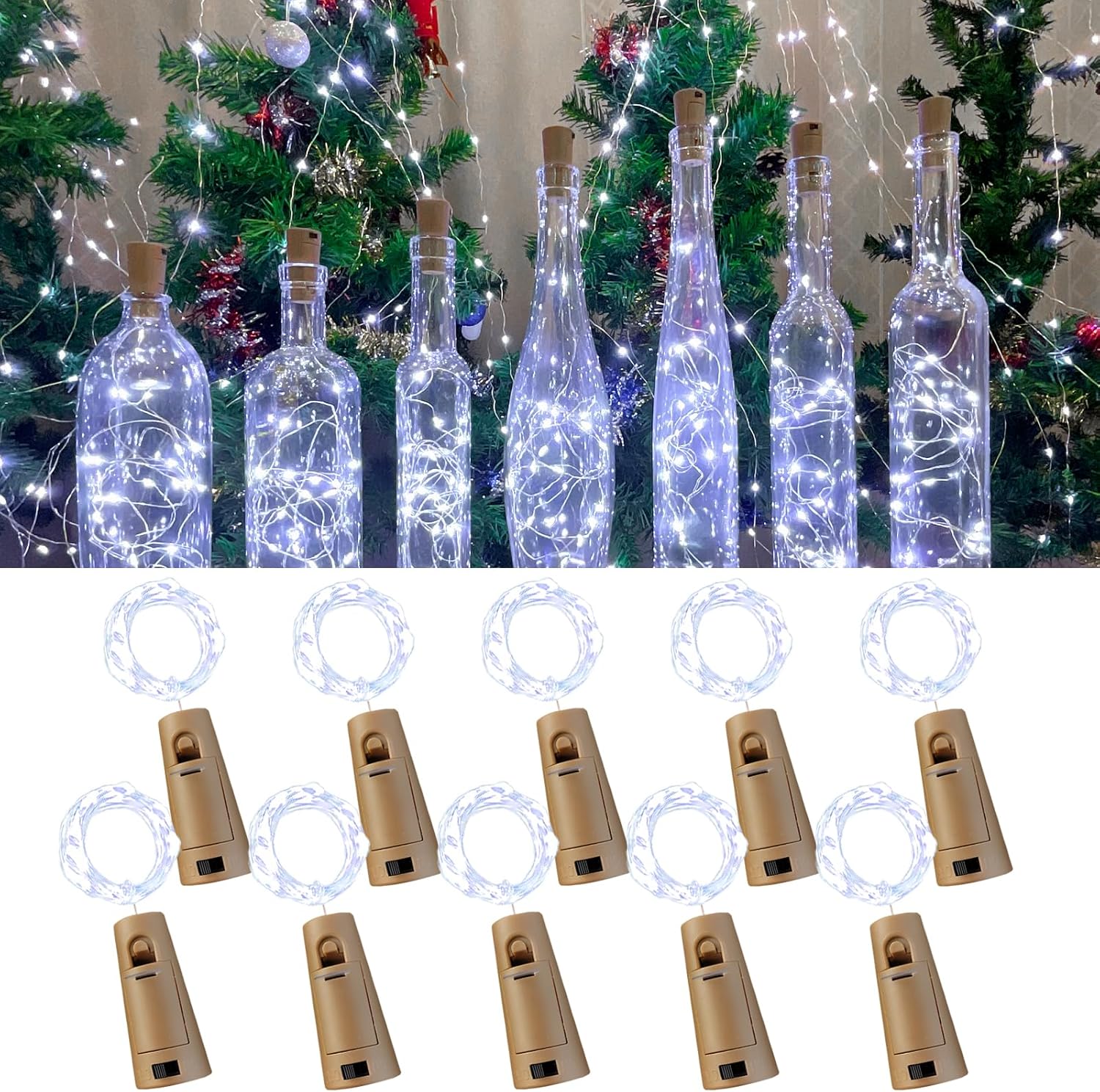Luces para botella de vino con corcho, 20 luces LED de 6.6 pies de alambre plateado para botella de corcho, mini tira de luces de hada, para tarro
