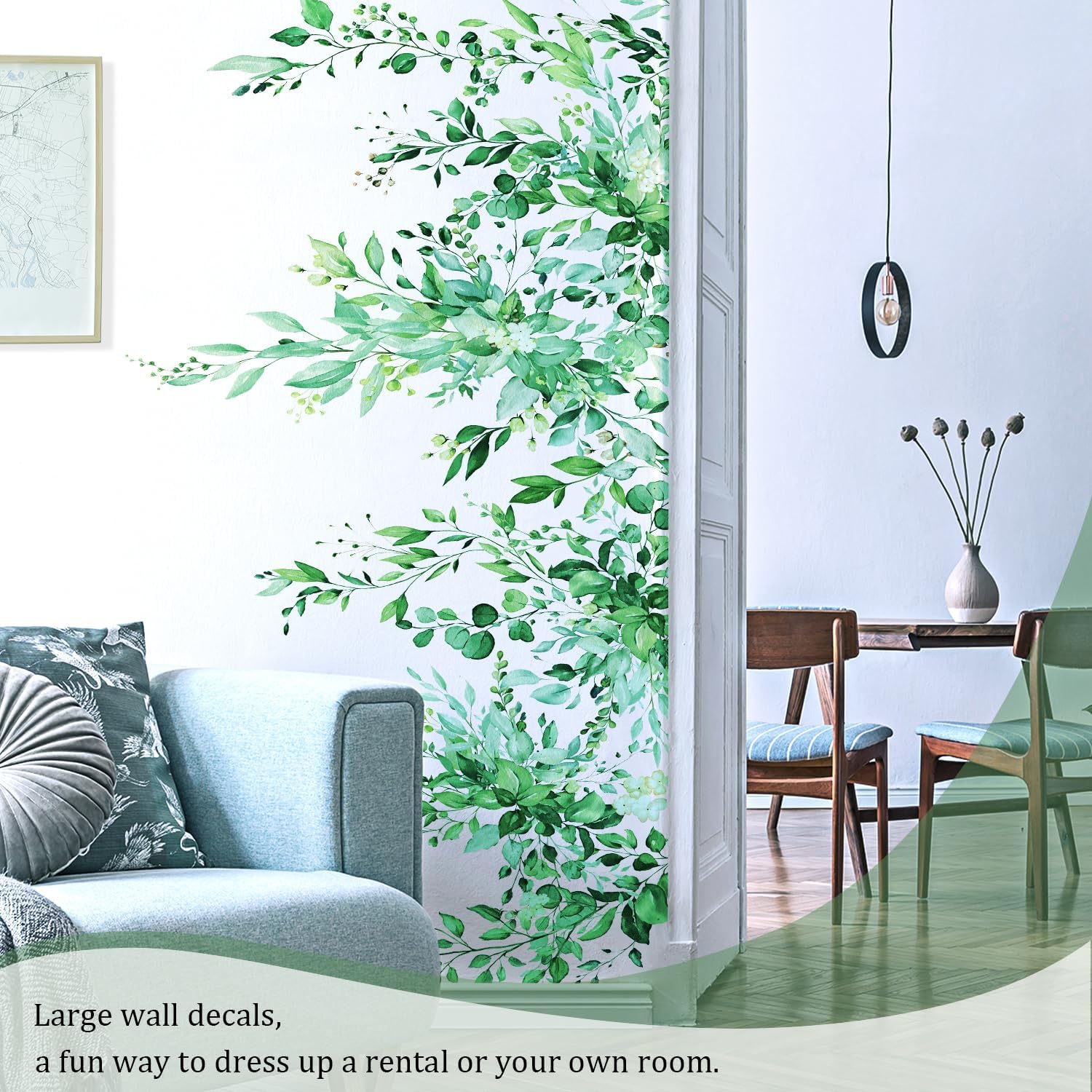 VePret Calcomanías de pared de hojas de plantas verde esmeralda, calcomanías de vinilo de flores grandes, calcomanías de pared de vid extraíbles,