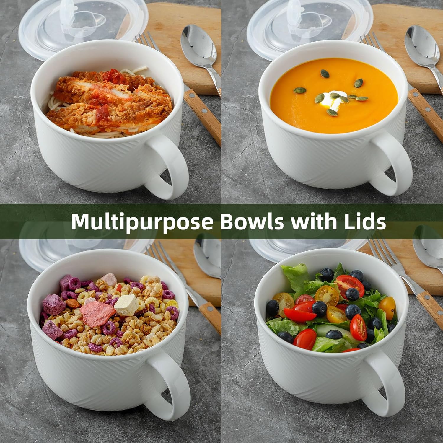 Adewnest Tazón de sopa de gran tamaño con asa cuenco de cerámica para ramen de 38 onzas con tapa, apto para microondas con asa, taza de sopa