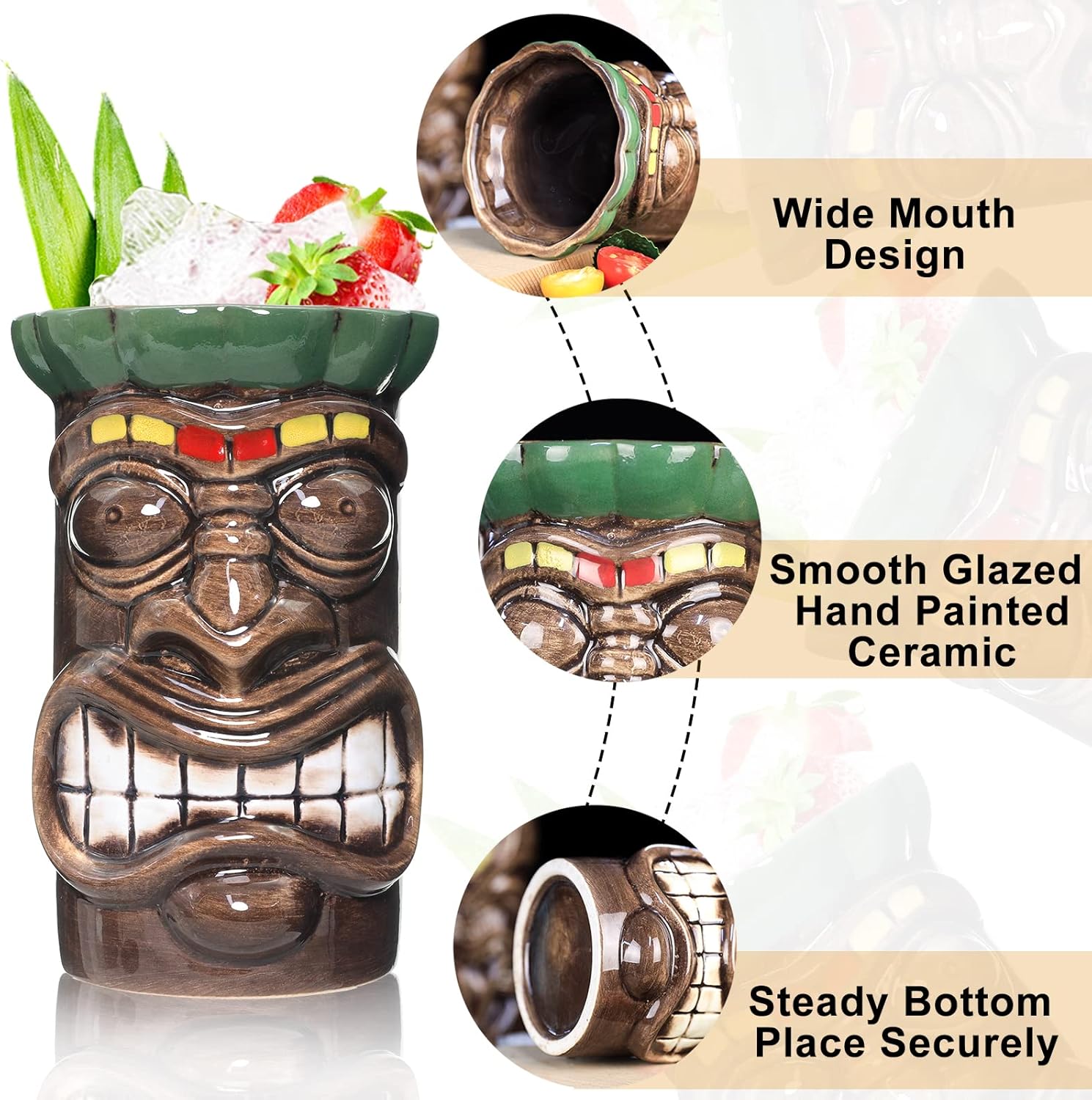 Tiki – Juego de 8 tazas de cerámica hawaiana para fiestas, tazas de bar Tiki para cócteles, tazas tropicales de alta calidad para fiestas exóticas