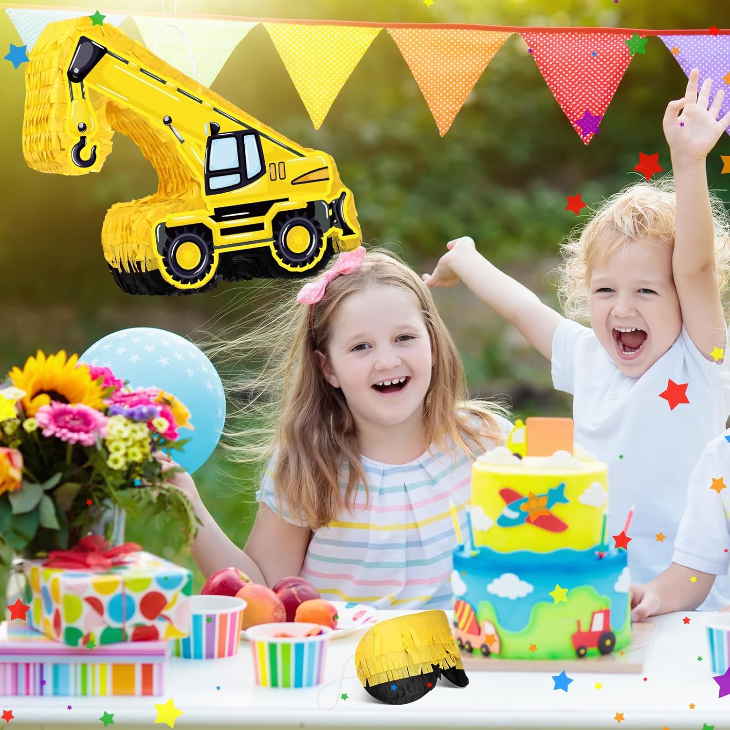 Paquete de piñata para camión de construcción, piñata, excavadora, con palo, confeti, piñata de construcción, piñata grande de cumpleaños para
