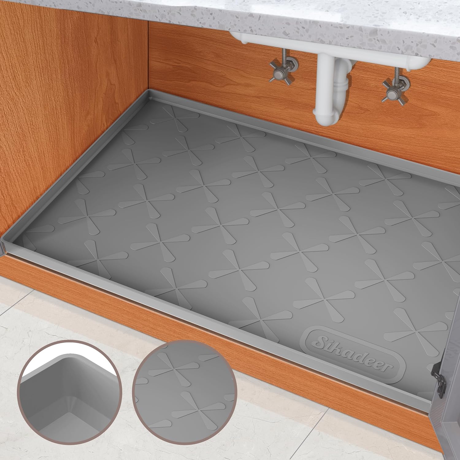 SIKADEER – Tapete para debajo del fregadero, impermeable, 34 x 22 pulgadas, tapete de silicona con borde elevado, se adapta a gabinete estándar de