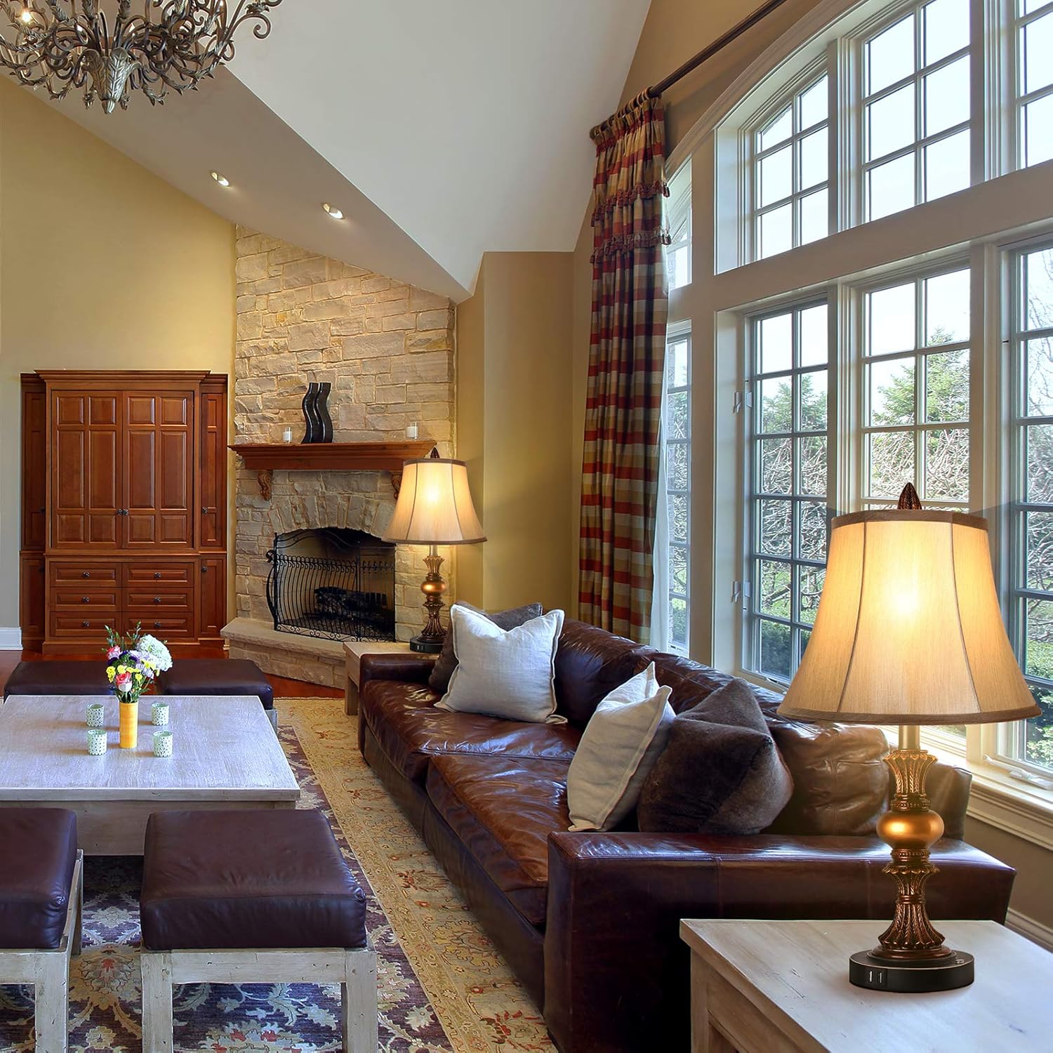 Juego de 2 lámparas de mesa tradicionales con control táctil lámparas de noche vintage con puertos de carga USB duales lámparas de escritorio con acabado de bronce regulable en 3 direcciones con forma de campana de seda sintética para sala de Colombia - Imagen 7