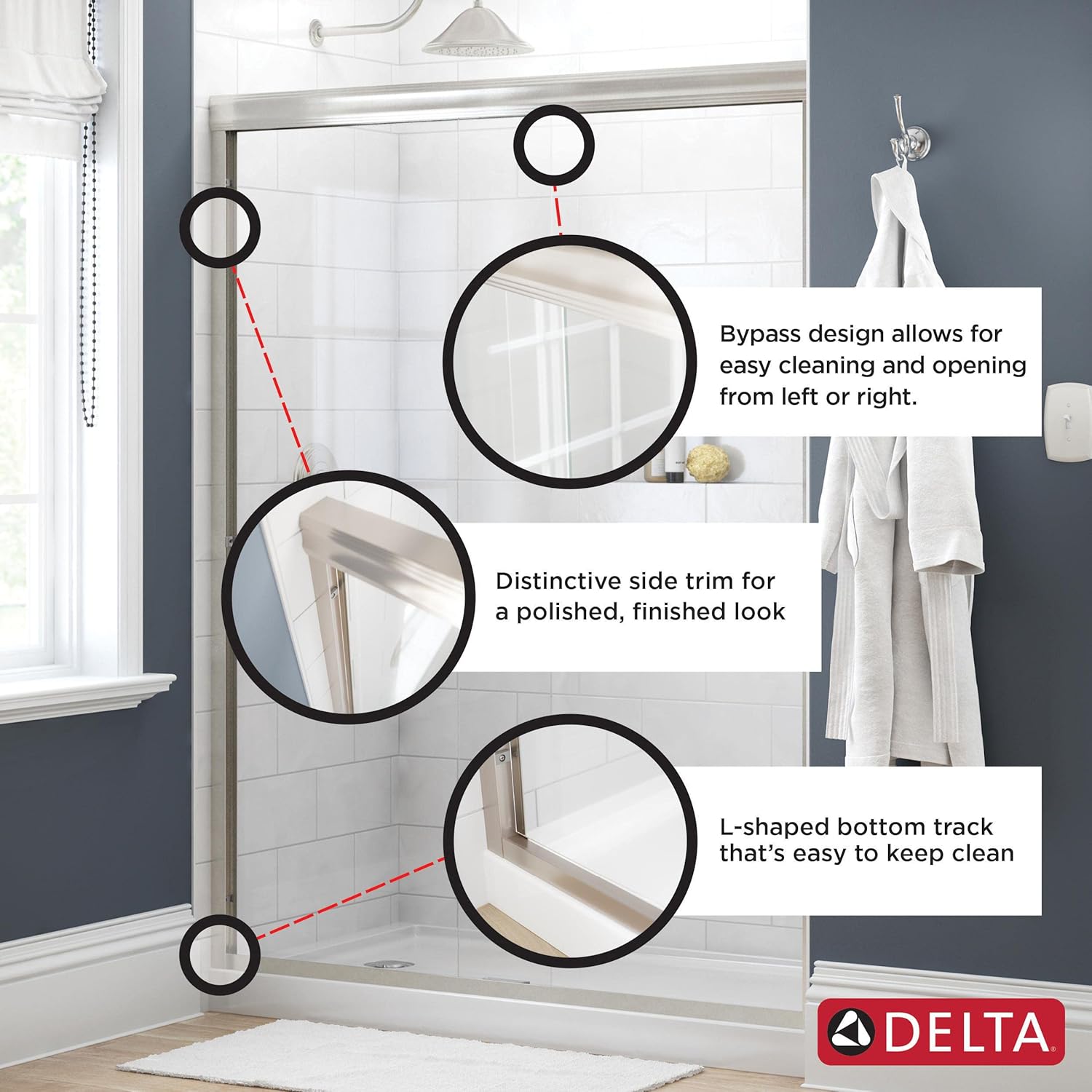 Delta Shower Doors – Puerta corrediza semi enmarcada clásica contemporánea para ducha