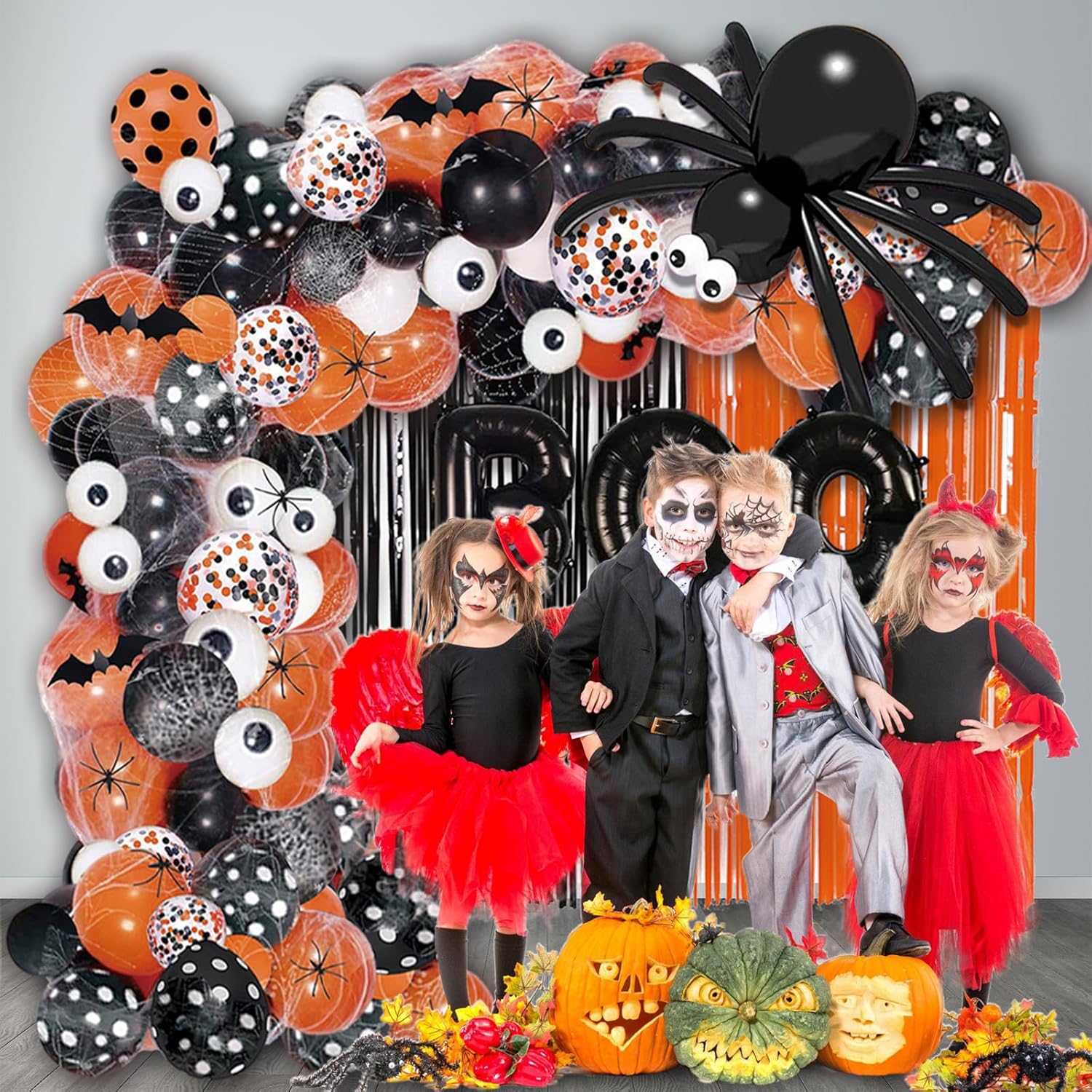 116 globos de fiesta de Halloween, kit de guirnalda de arco de globos de Halloween, globos de confeti negro naranja, cortina de flecos de aluminio