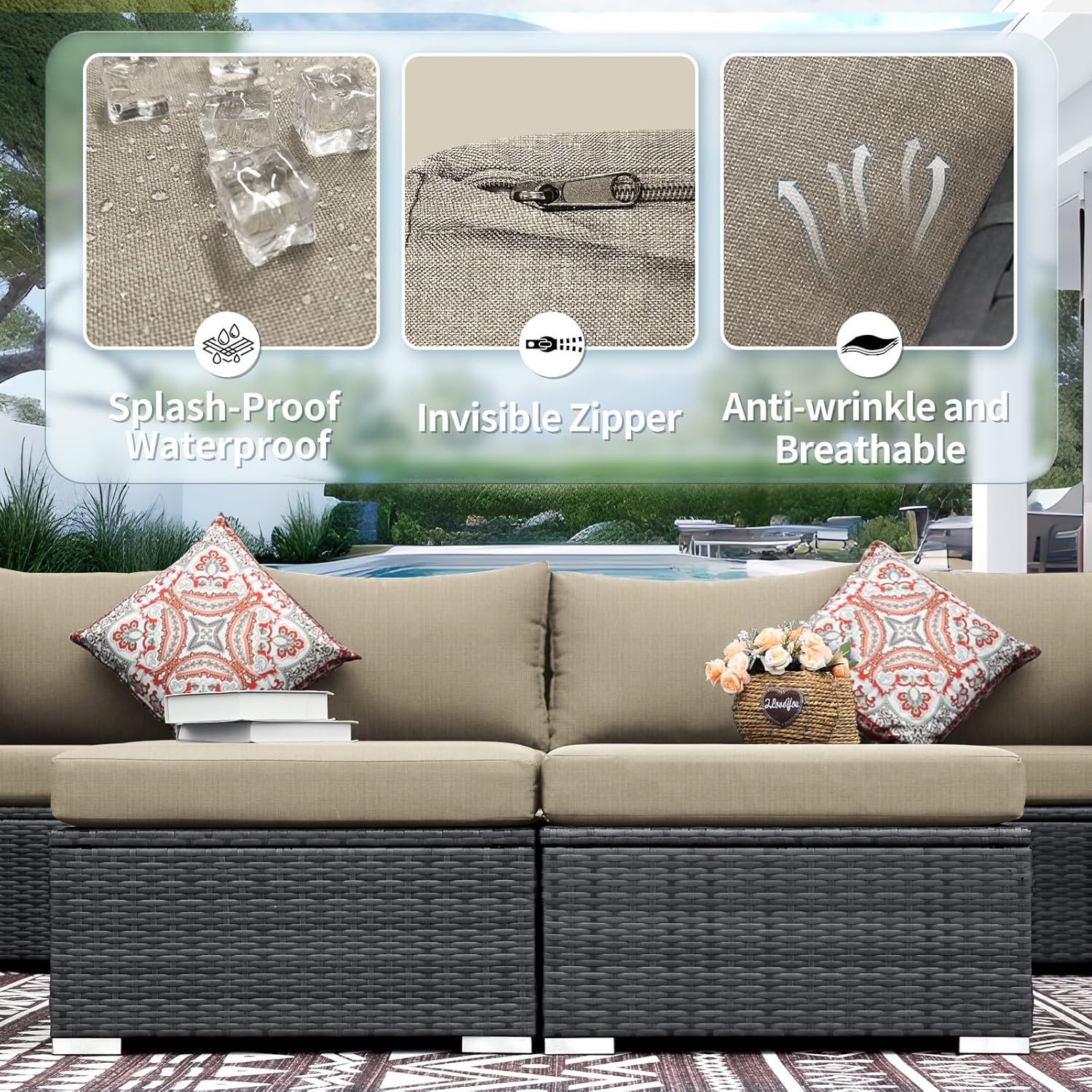 14 fundas de cojín de repuesto para muebles de patio al aire libre, color beige, con cremallera, fundas de cojín de patio de 27 x 27 pulgadas (solo