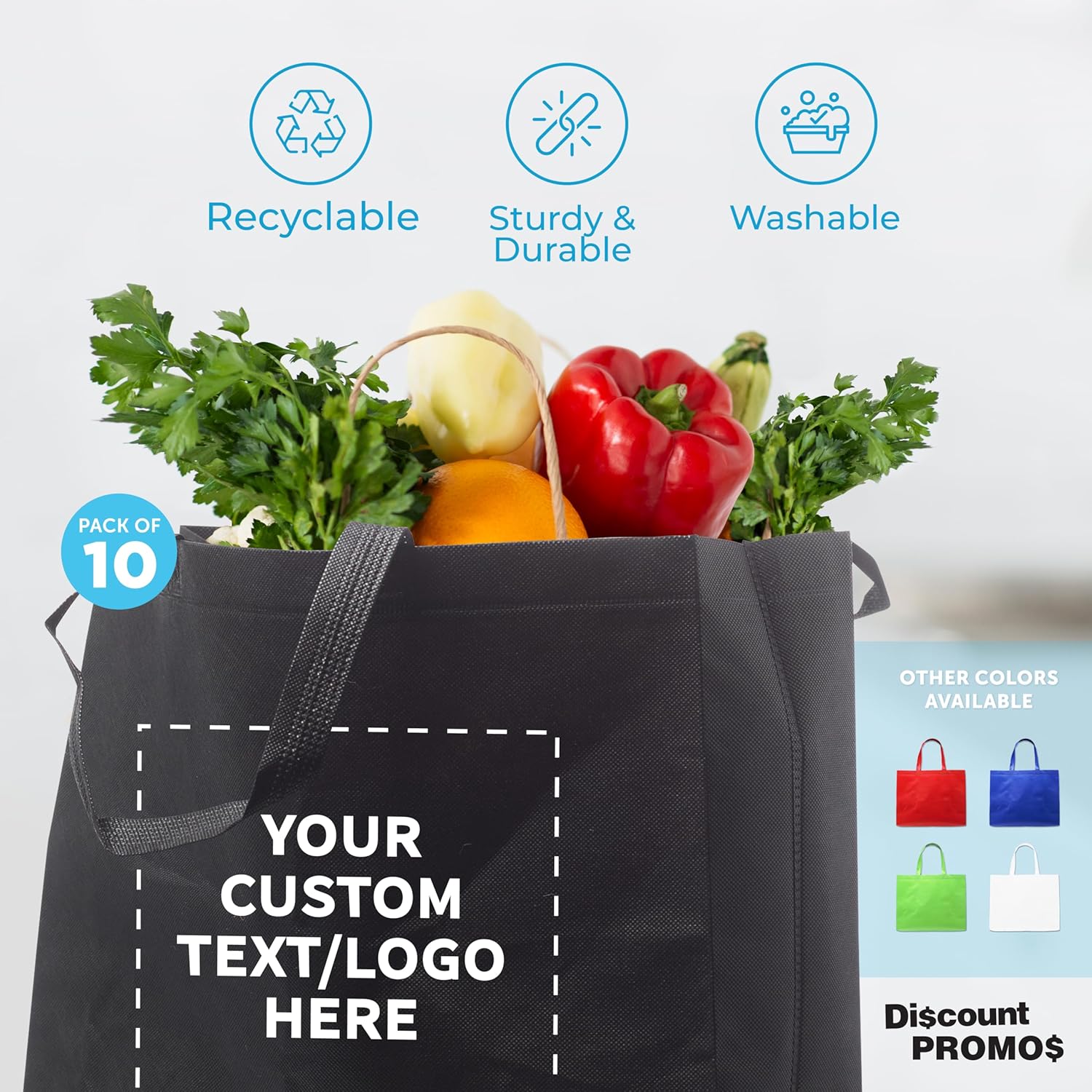 DISCOUNT PROMOS Juego de 10 bolsas de mano personalizadas de tamaño gigante, paquete a granel personalizado, bolsas de comestibles reutilizables,