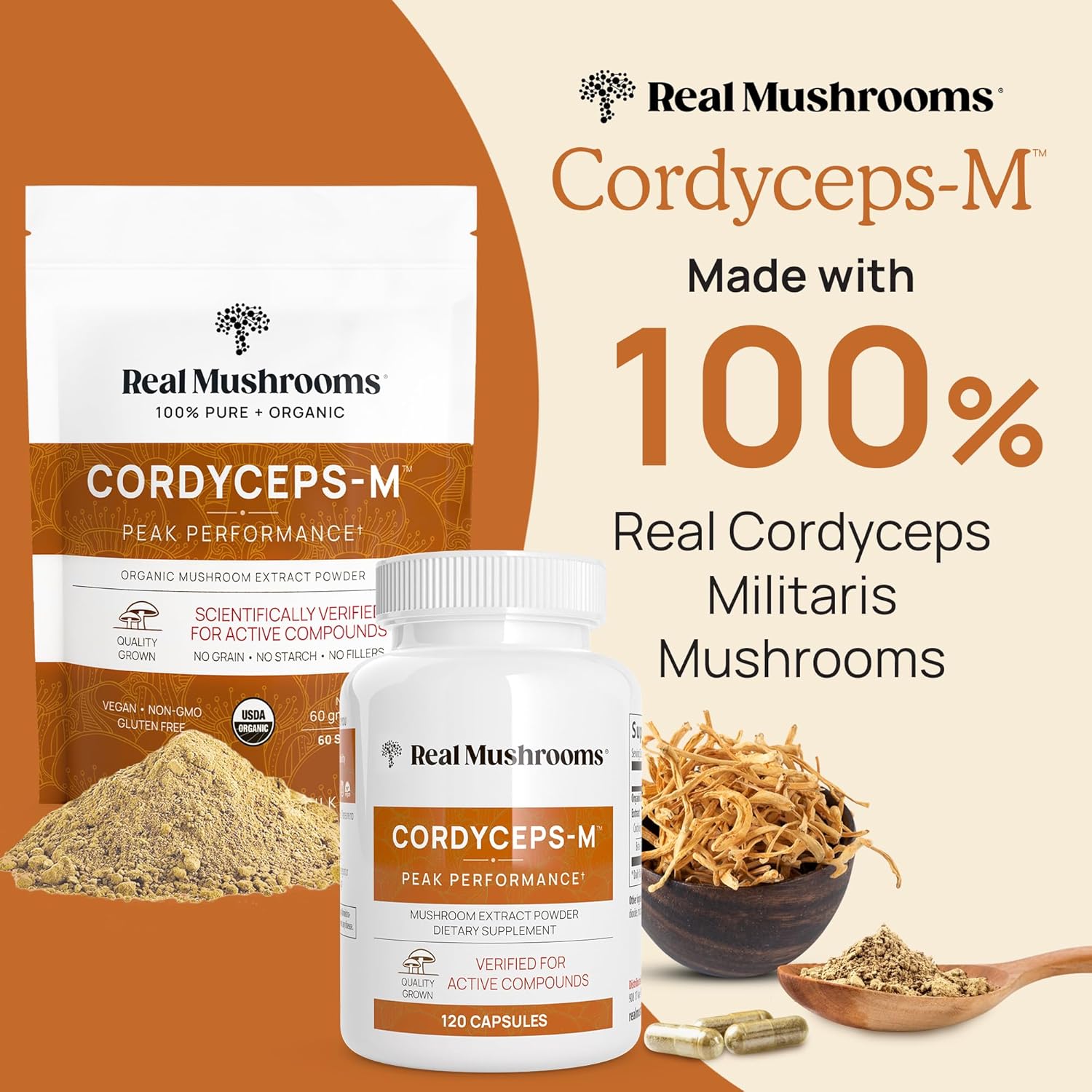 Real Mushrooms Cordyceps Powder – Polvo de extracto de hongos de alto rendimiento con Cordyceps Militaris orgánico para apoyo energético e