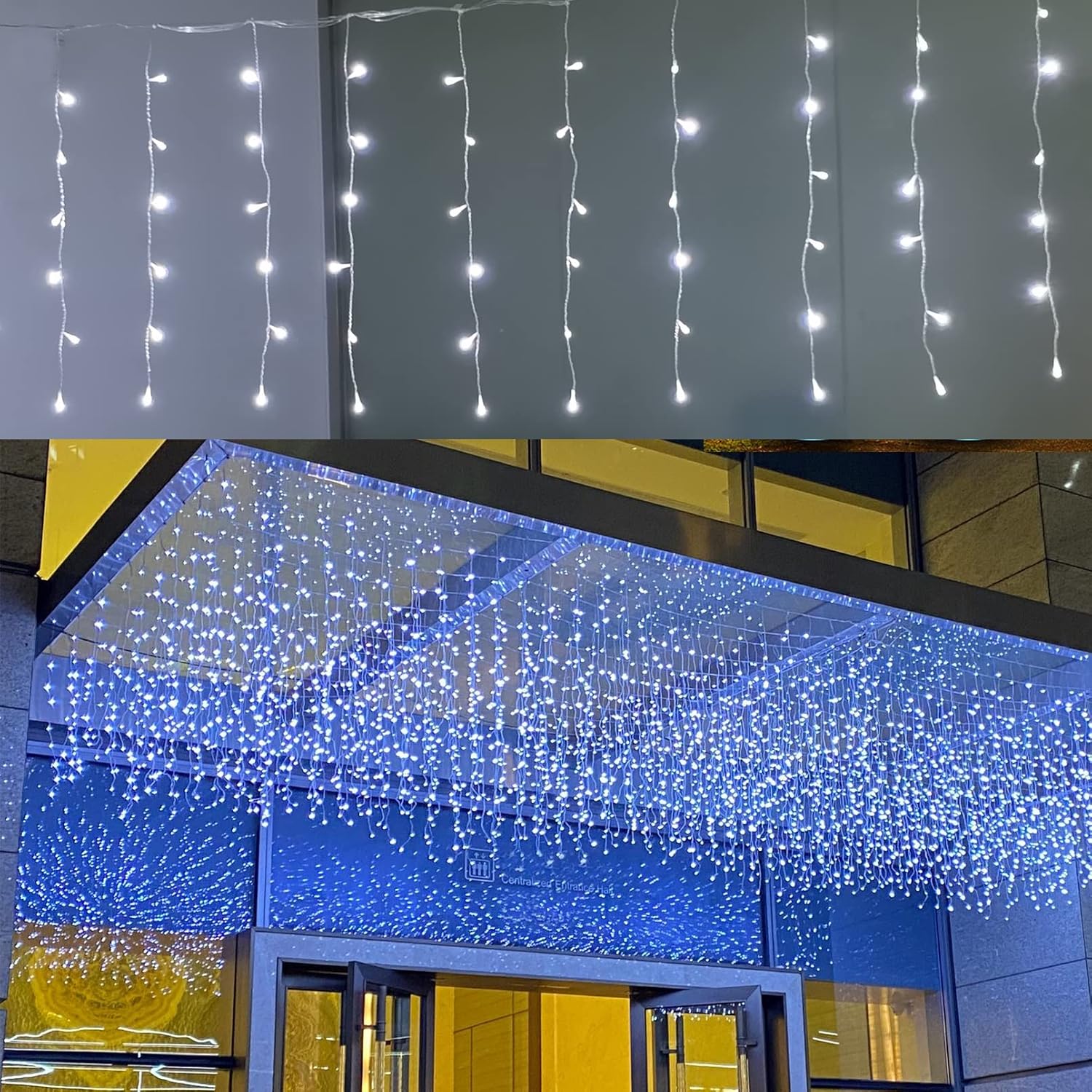 ZIMINGU Luces de goteo de carámbanos, 13 pies, 144 LED, 8 modos de Navidad, conectables, cortina de ventana, cascada de hadas, tira de luces de