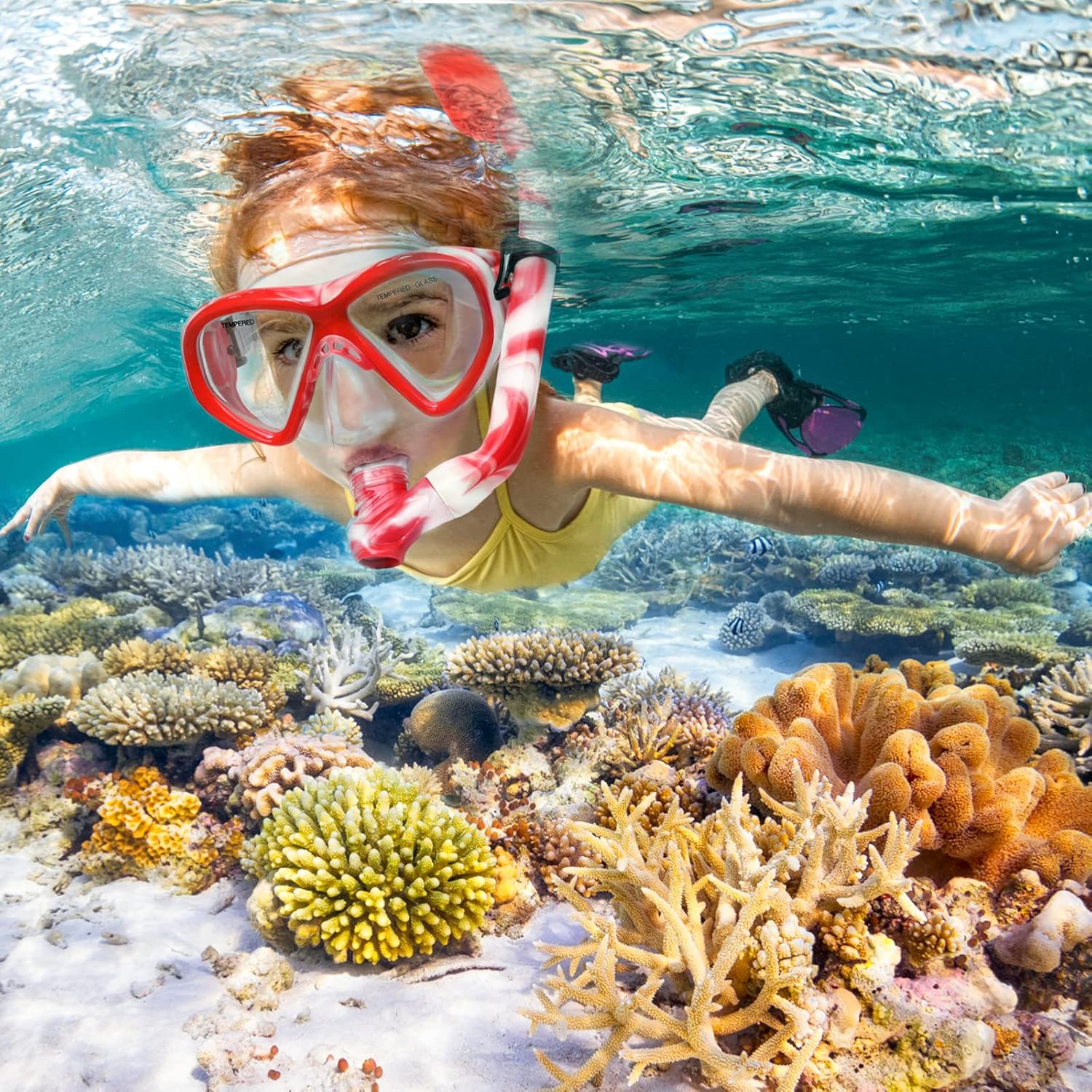 Kids Snorkel Set Dry Top Snorkeling Gear for Kids Youth Boys Girls Junior Age 5-15,Tempered Glass Swimming Diving Mask and Snorkel Set 180 Degree