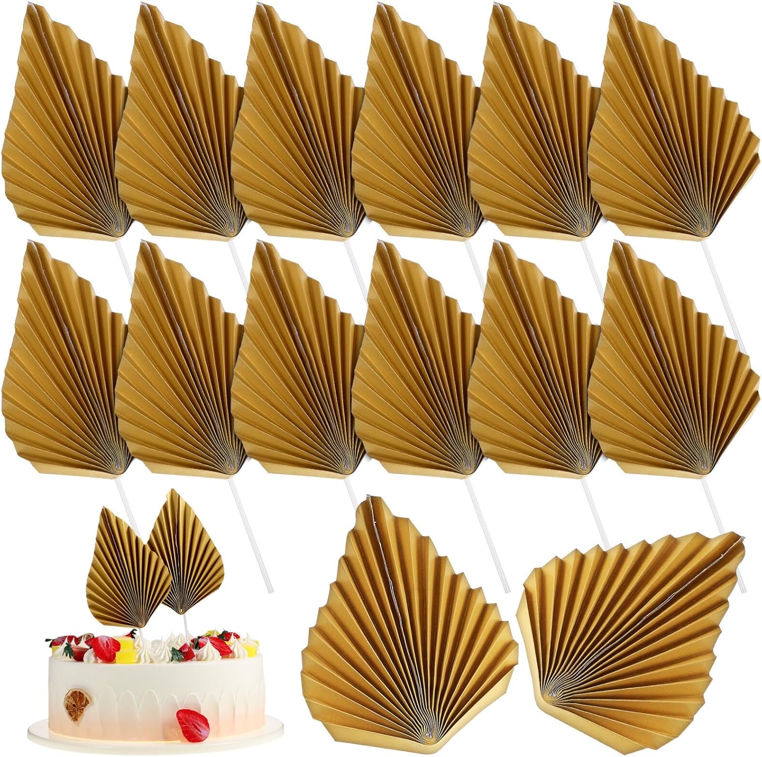 ABOOFAN 24 piezas de hojas de palma doradas plegables para tartas, abanicos de papel para cupcakes, decoración para cumpleaños, boda, aniversario,