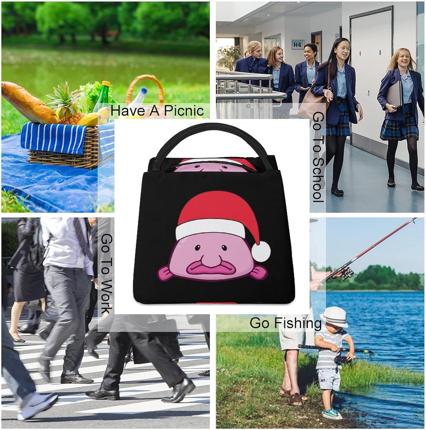 Divertida bolsa de almuerzo térmica con aislamiento térmico de Santa Blobfish para hombres y mujeres, trabajo, picnic y viajes