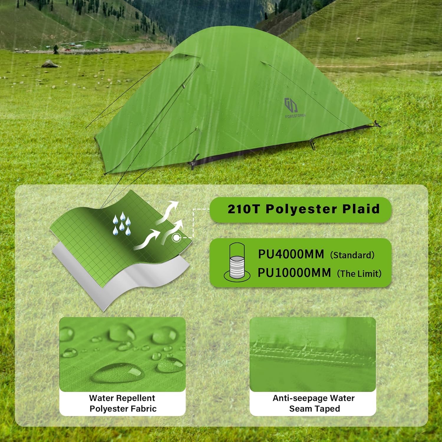 2 Person Camping Tent with 3 Aluminum Alloy Poles, 4 or 3 Season Waterproof Tent, Double Layer,Easy Setup, 2 Doors for Outdoor