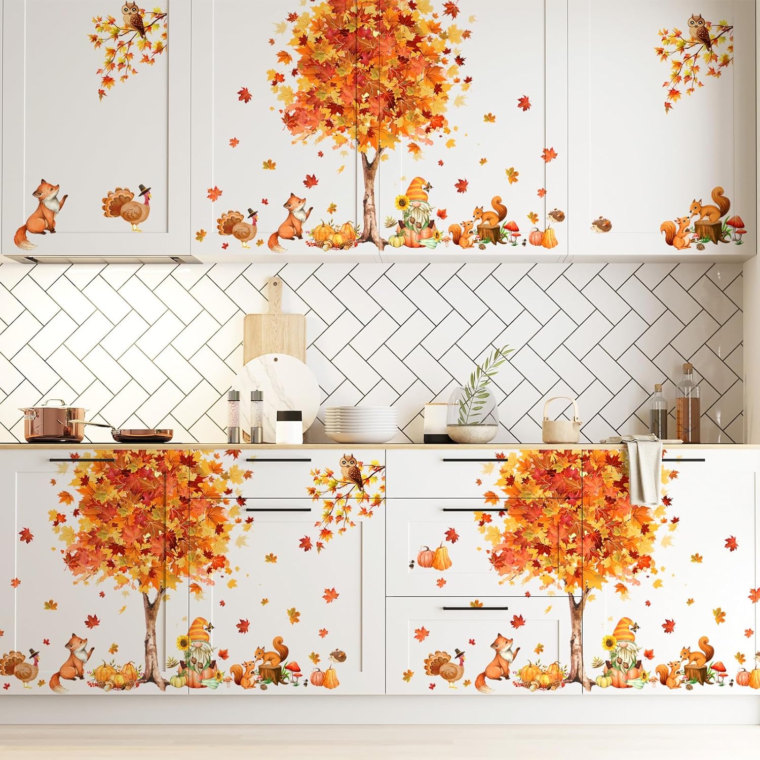 Calcomanías de pared de árbol de Acción de Gracias de gran tamaño, calcomanías de pared de hojas de arce, cosecha de otoño, calabaza, árbol,