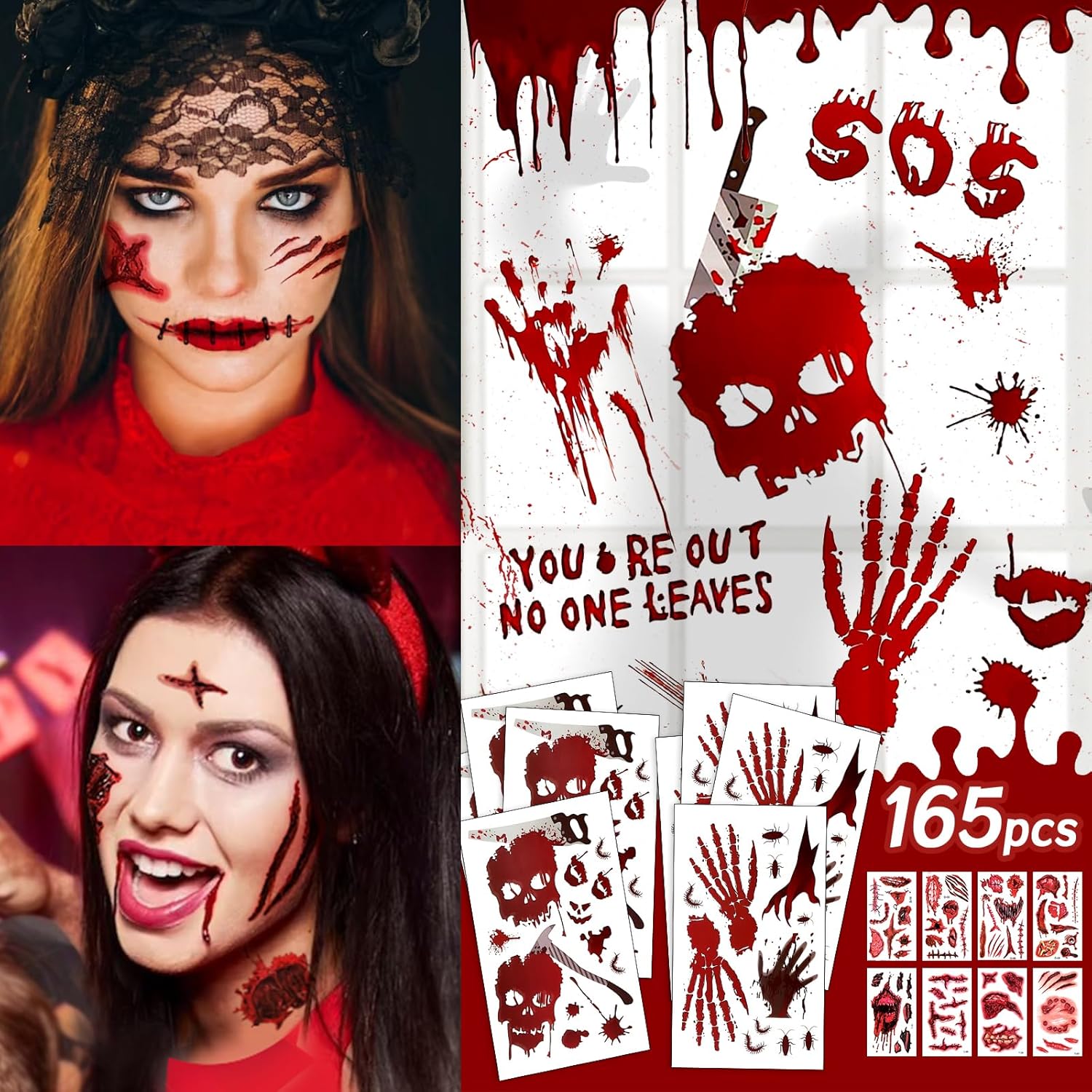 165 piezas de decoraciones de Halloween, 10 hojas de huellas de manos de sangre de Halloween, huellas de huellas de sangre, calcomanías de ventana