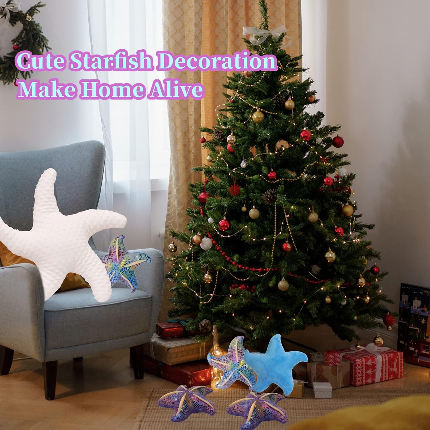 Juguete de peluche de estrella de mar, animales marinos, animales marinos, linda decoración de habitación de playa y océano costero (morado, 7.87