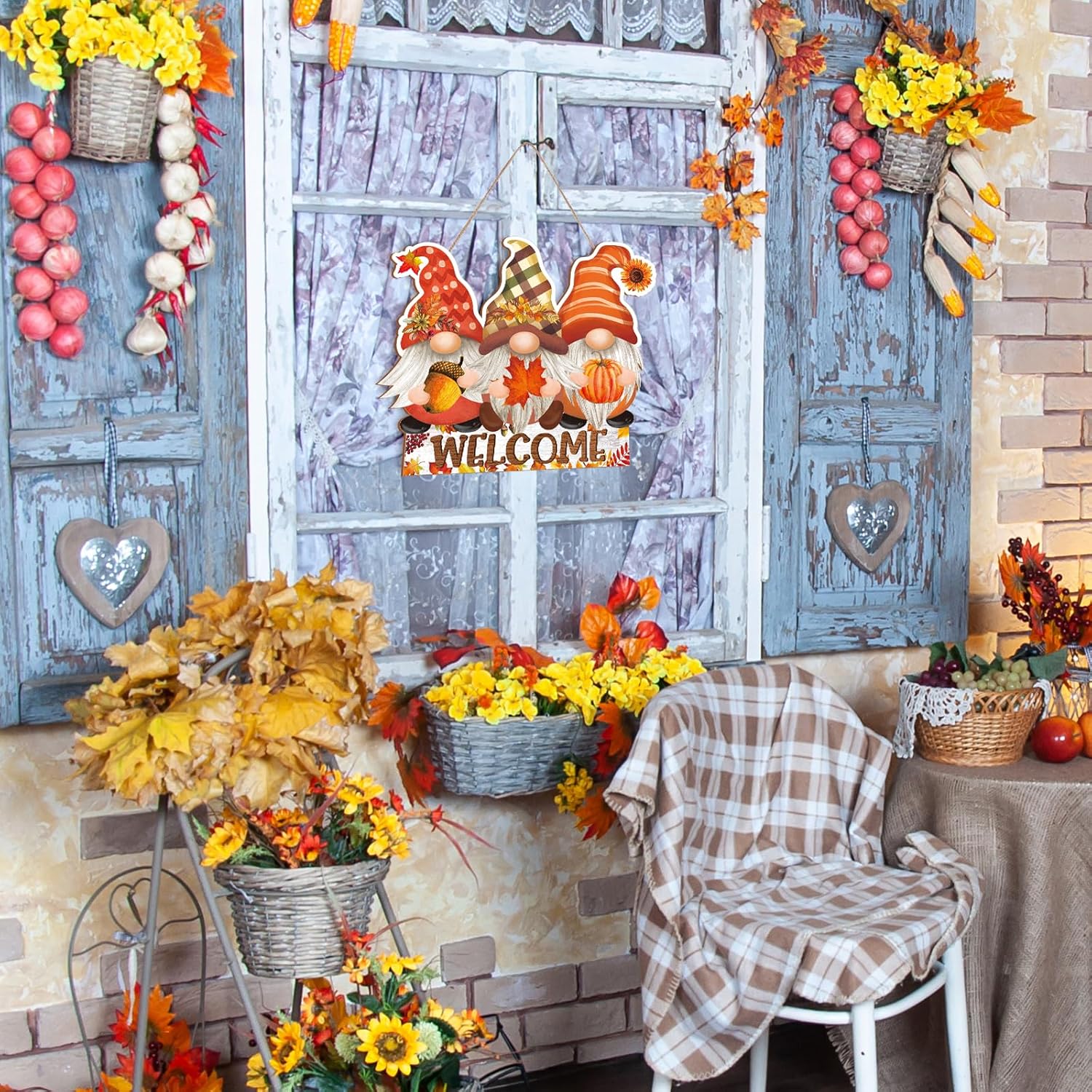 Whaline Letrero colgante de madera de otoño, gnomos, otoño, Acción de Gracias, letrero rústico de puerta de madera para cosecha de otoño, decoración