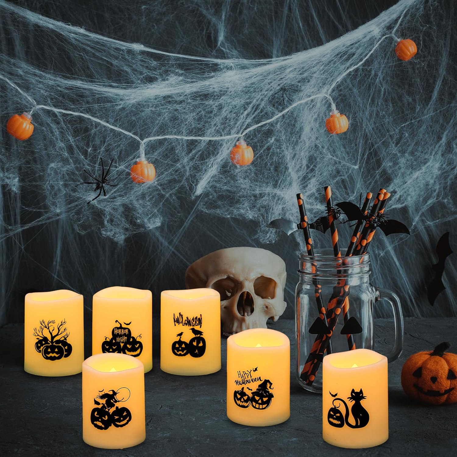 Velas votivas de Halloween sin falma, más de 200 horas, velas LED parpadeantes con calcomanías de calabazas para decoración del hogar de Halloween,