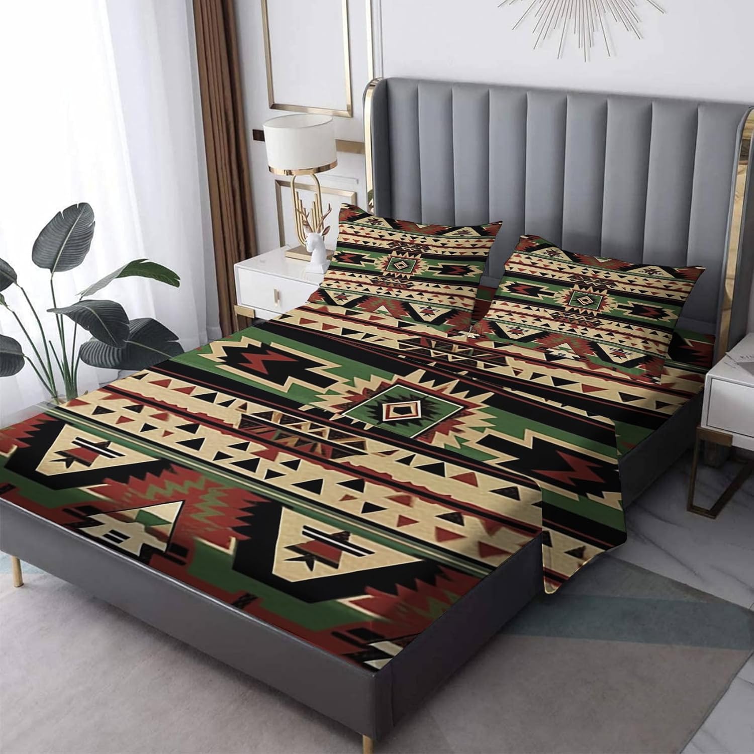 Juego de sábanas tamaño individual XL, sábanas aztecas, sábanas y fundas de almohada de nativos americanos, microfibra suave, bolsillo profundo y