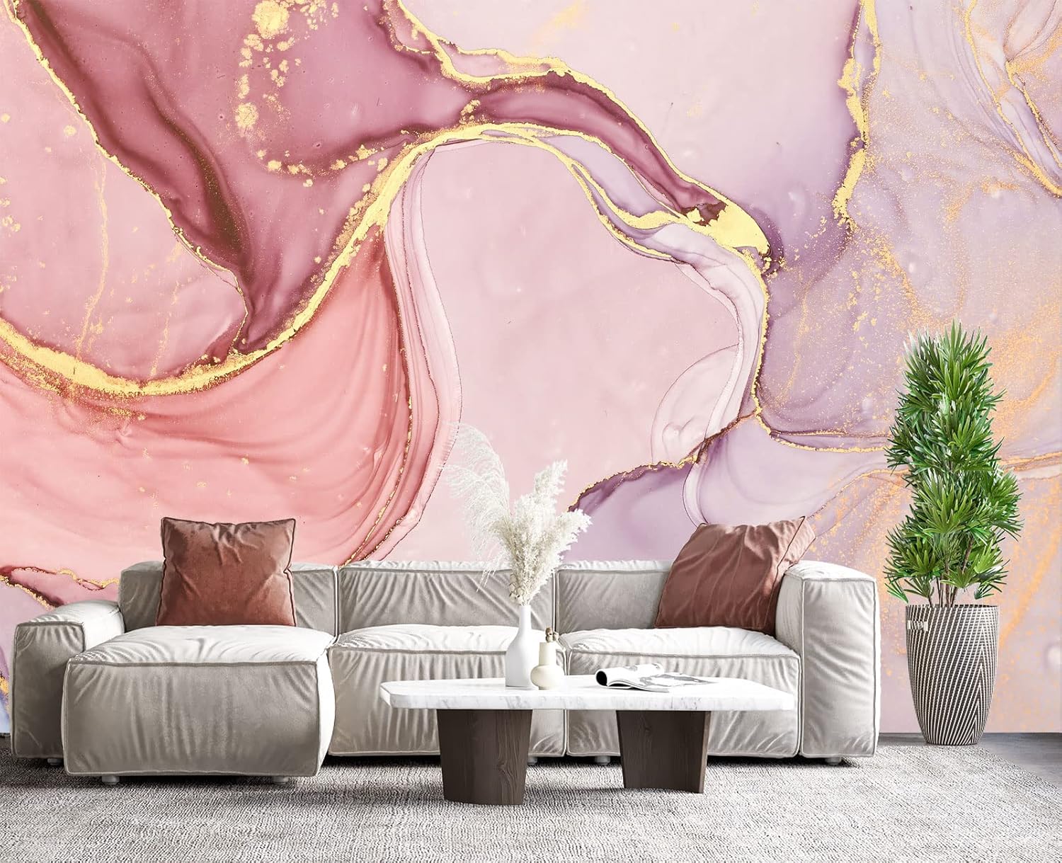 Eierme Papel pintado de pared rosa mármol dorado para dormitorio, 178 x 117 pulgadas