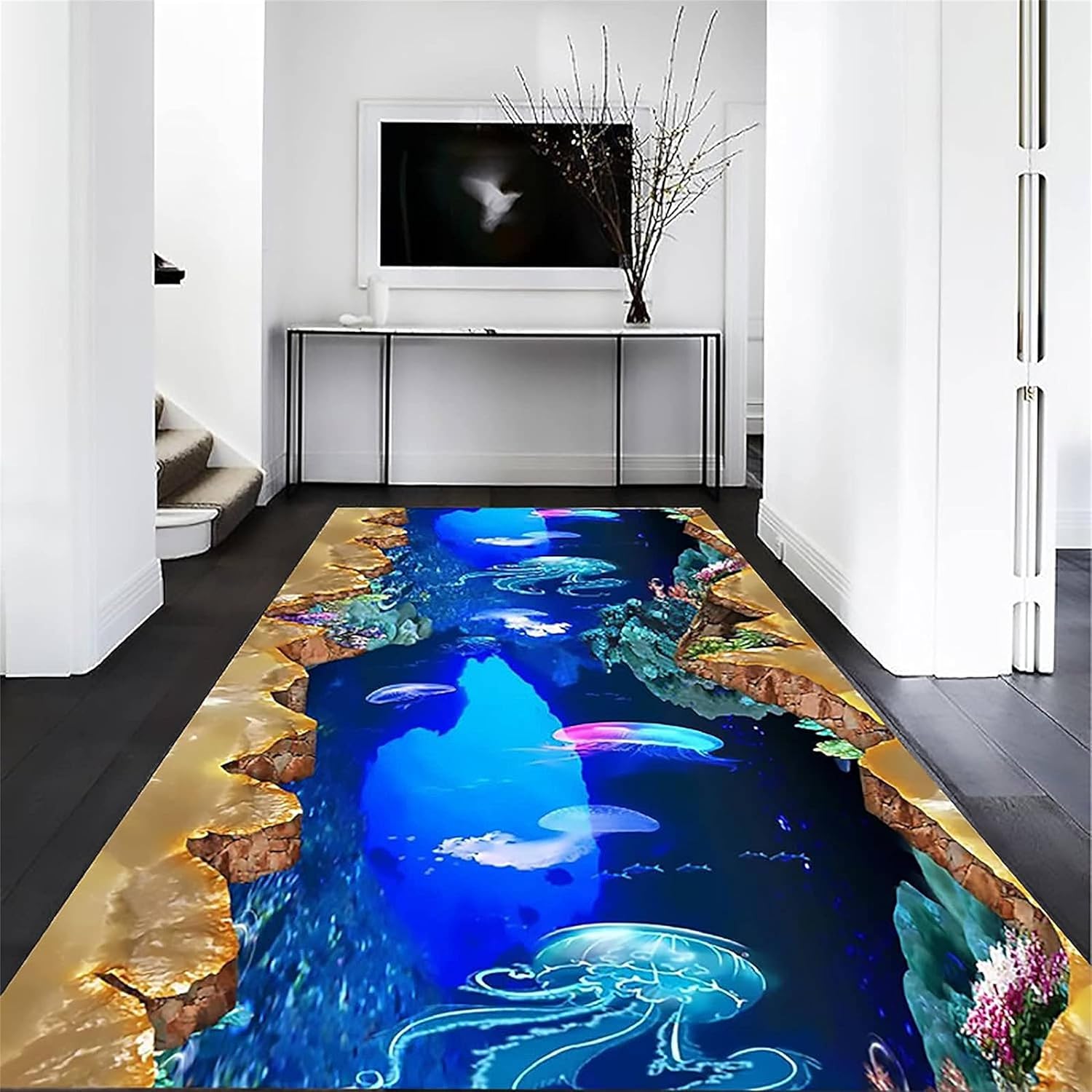 Alfombra de corredor de animales marinos, 2.6 x 10 pies, hermosa alfombra 3D de medusas del mundo submarino, alfombra de pasillo de ilusión óptica