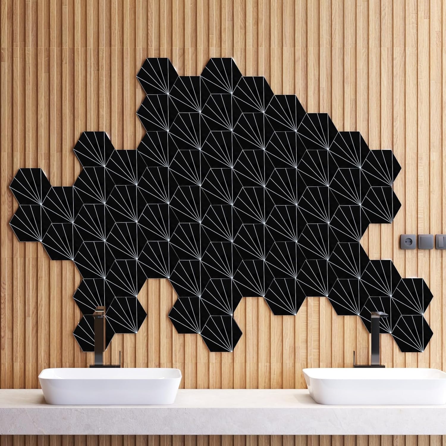 Miscasa Azulejo hexagonal autoadhesivo para salpicaduras en muro, diseño de flores, color negro, para decoración de sala de estar, cocina, baño
