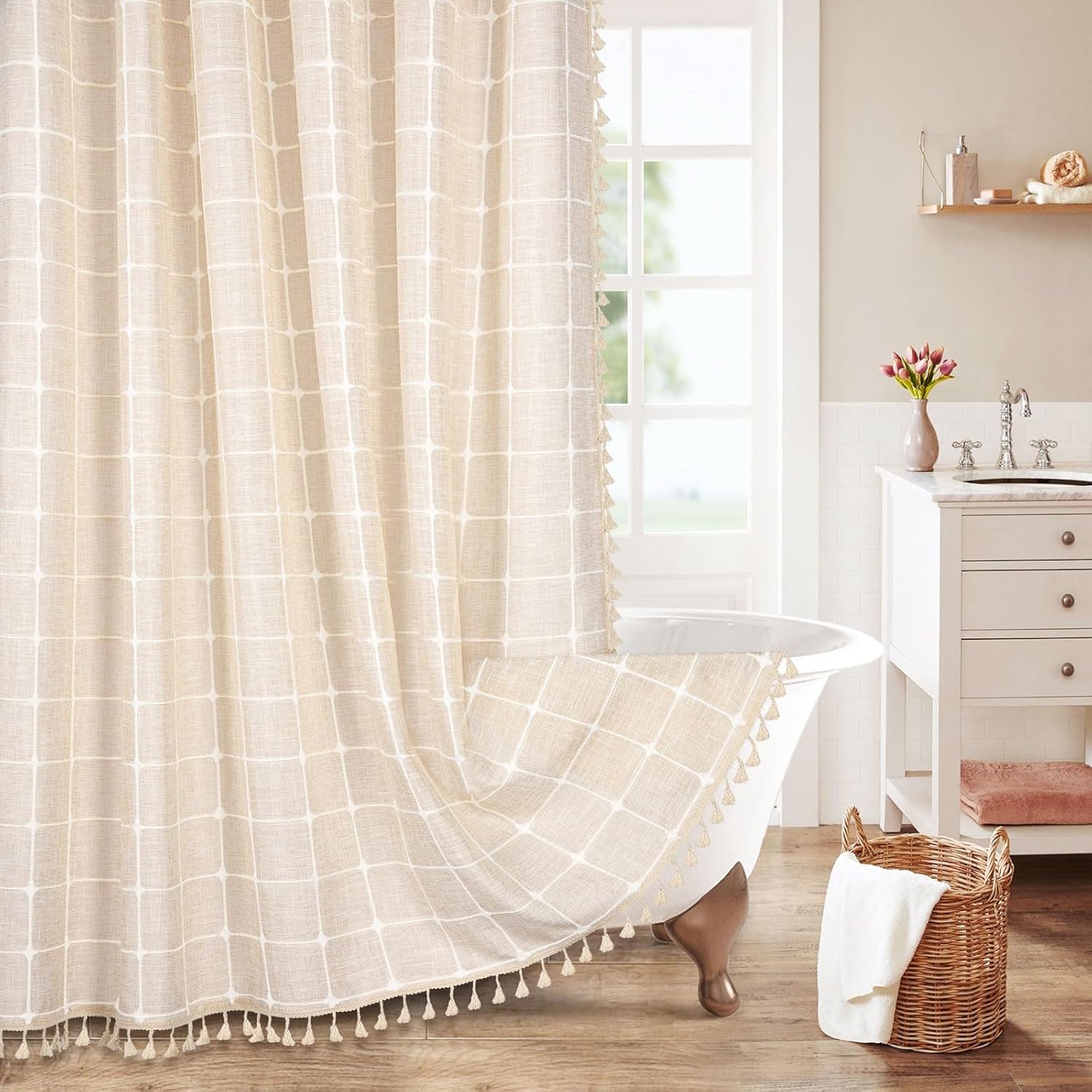MitoVilla Cortina de ducha extra larga color crema, 72 x 84 pulgadas, estilo rústico moderno, de 84 pulgadas, XL, tela de lino y algodón, con