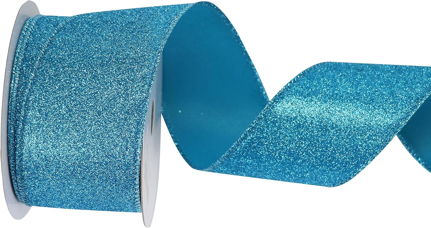 Cinta azul con alambre de 2.5 pulgadas con purpurina con alambre de 2.5 pulgadas, decoración de Navidad azul turquesa para envolver regalos,