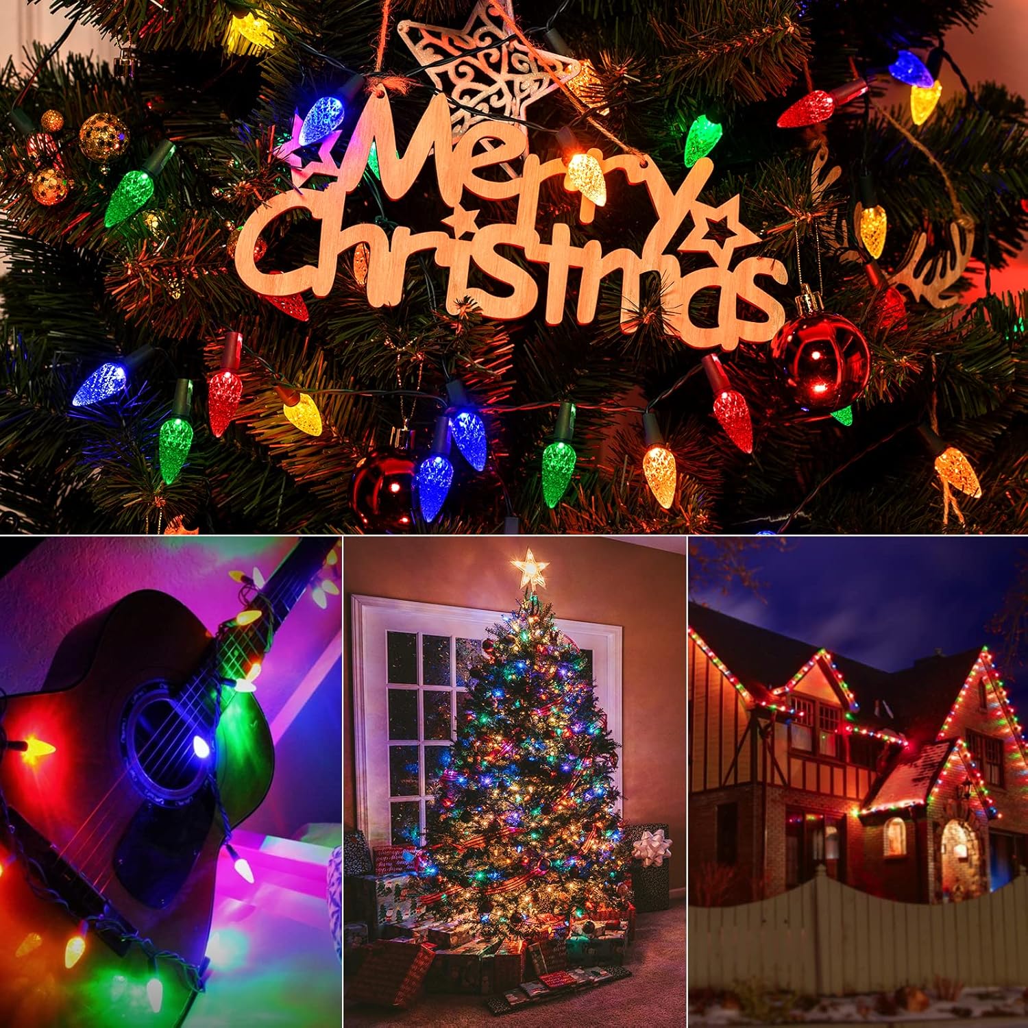 C6 – Guirnalda de luces LED de Navidad, paquete de 2 tiras de luces de fresa de 20 pies con 60 luces LED con temporizador y 8 modos de luz para