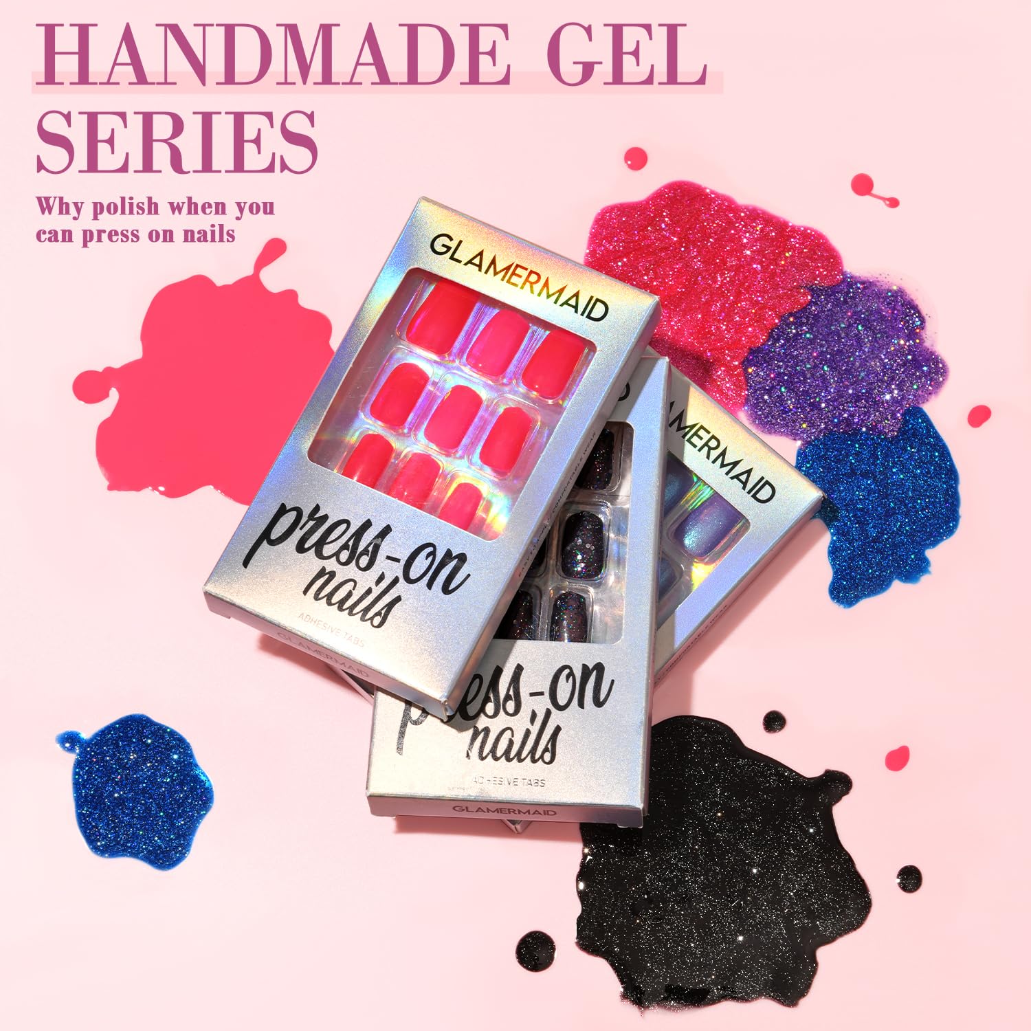 GLAMERMAID Jelly – Uñas postizas cortas a presión, serie de uñas de gel hechas a mano  Uñas postizas de galaxia con purpurina azul y morado de