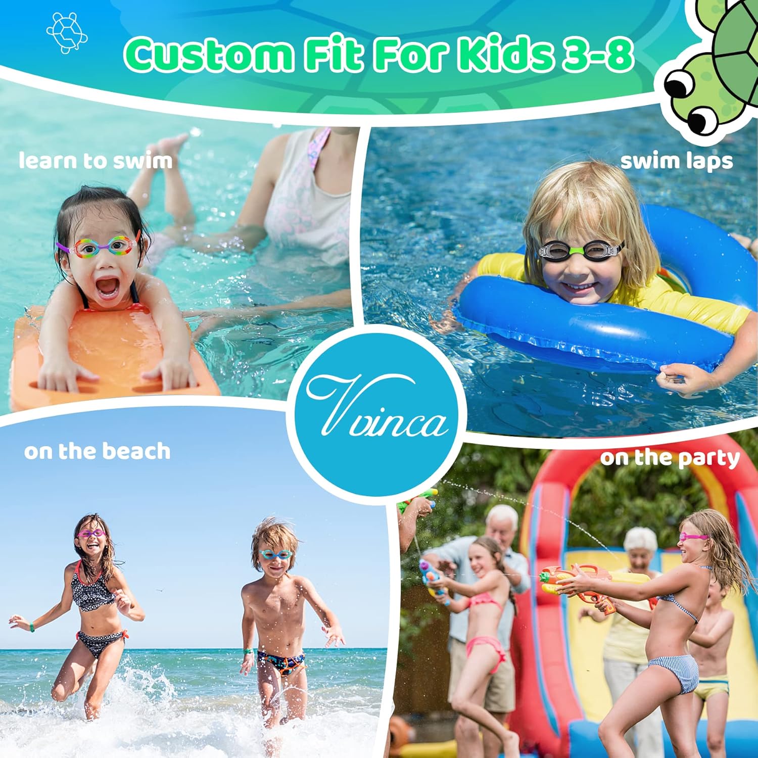 Vvinca Gafas de natación para niños de 2 a 8 años, con correa de tela, sin fugas, sin dolor, antivaho para niñas y niños