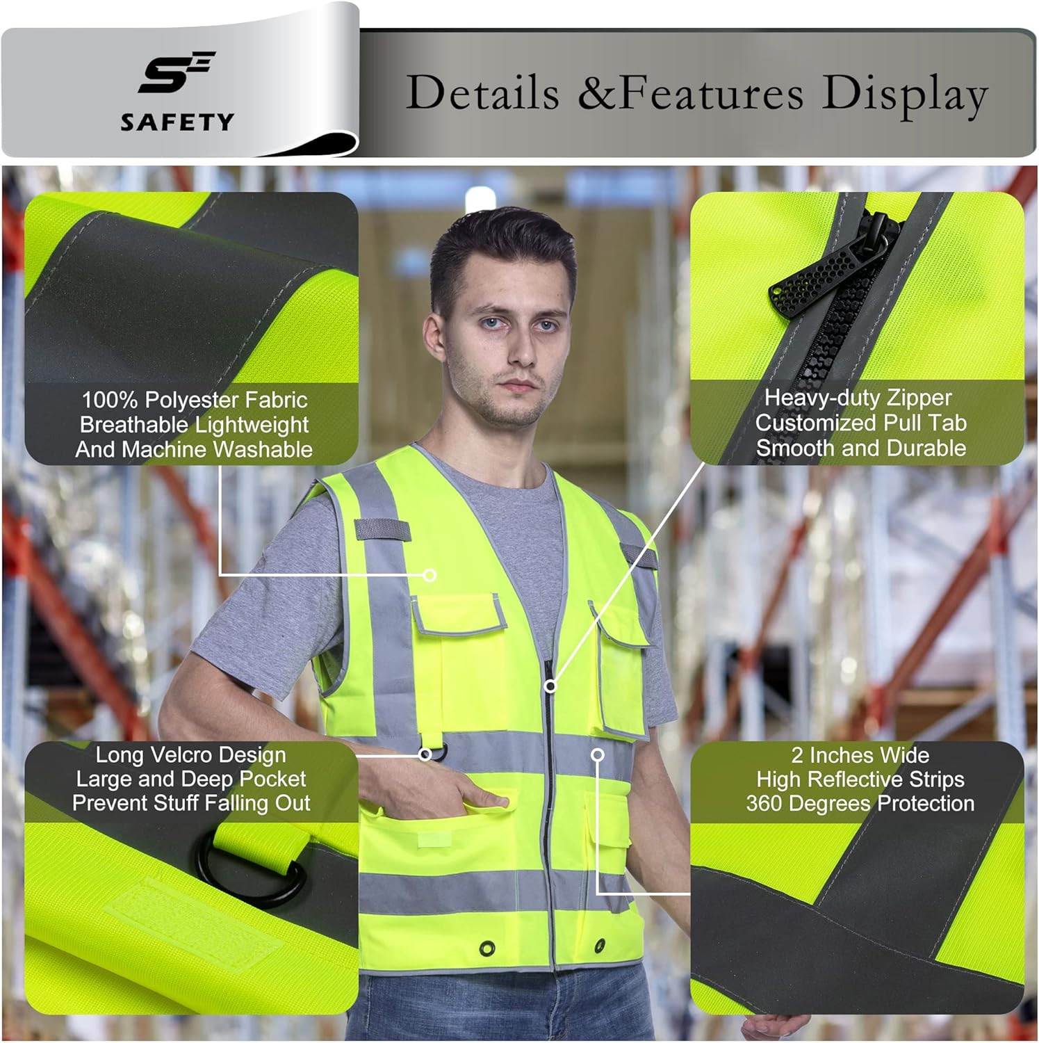 sesafety Chalecos de seguridad reflectantes con 9 bolsillos y cremallera, chaleco de construcción clase 2 para hombre, amarillo neón, talla L