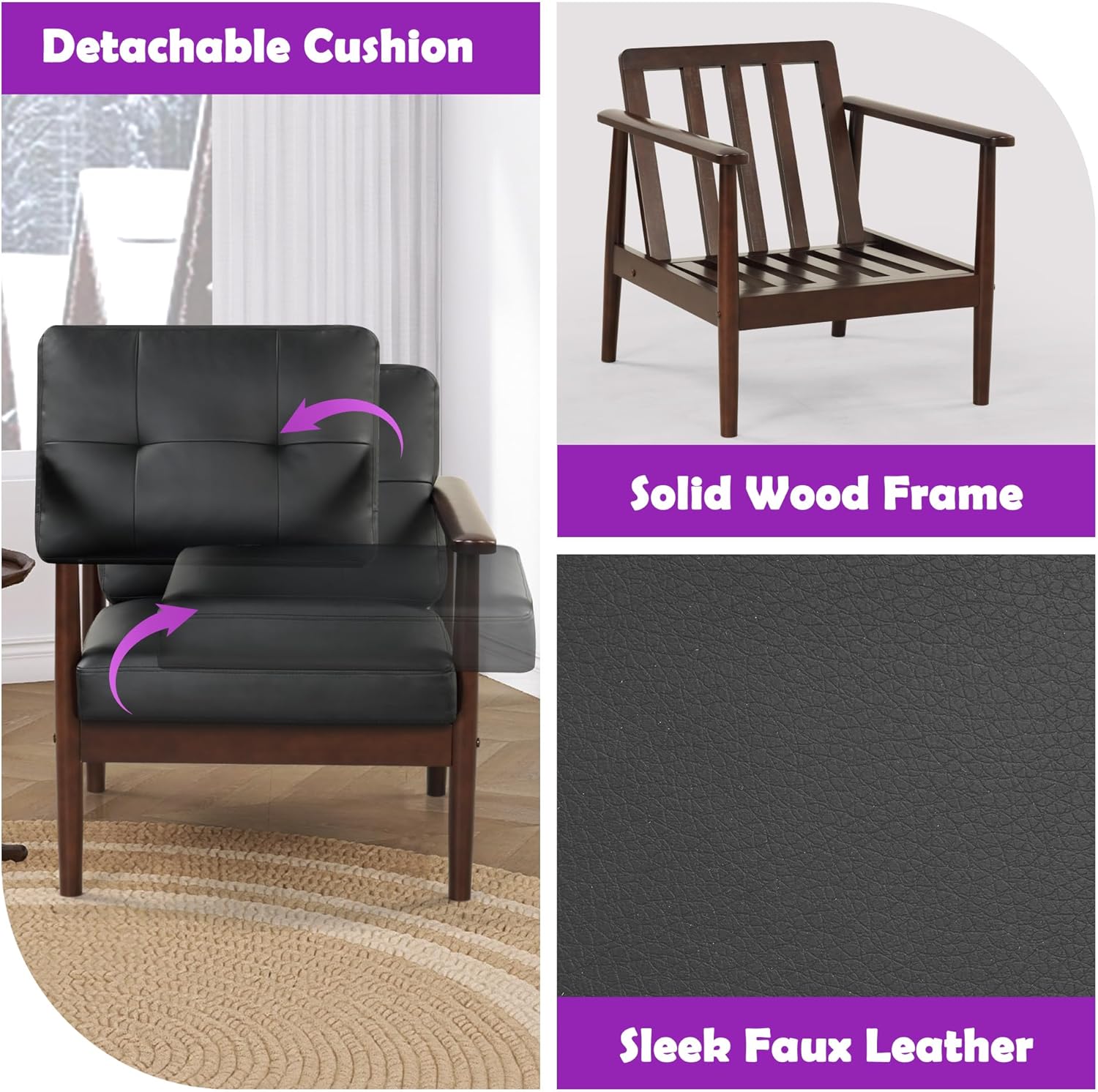 TYBOATLE Sillas decorativas retro modernas de mediados de siglo, sillón tapizado de piel sintética con marco de madera maciza y cojines extraíbles,