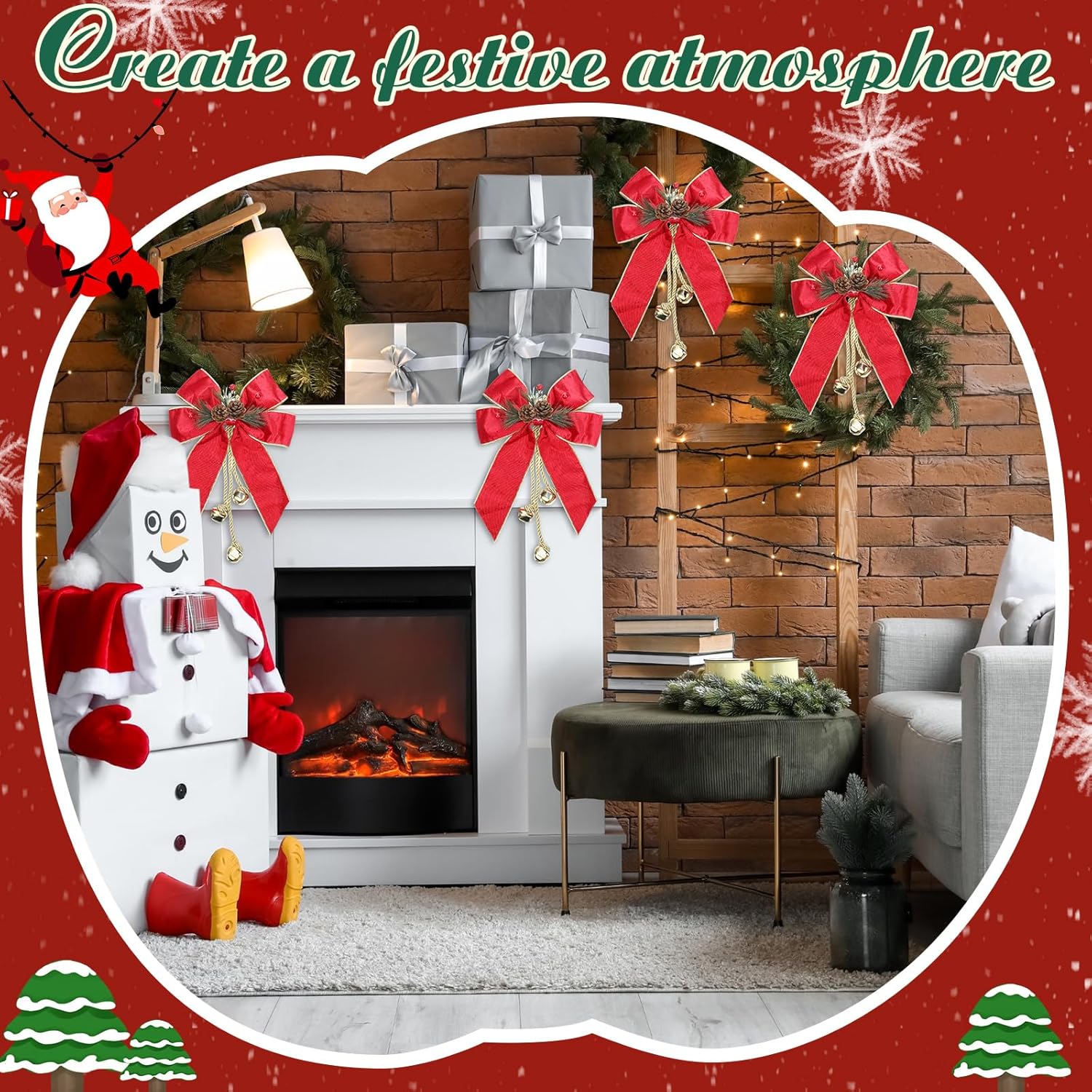 Yinkin 4 lazos de corona de Navidad con cascabeles de 11 x 7.8 pulgadas, lazo de terciopelo con cono de pino, adornos colgantes para el hogar,