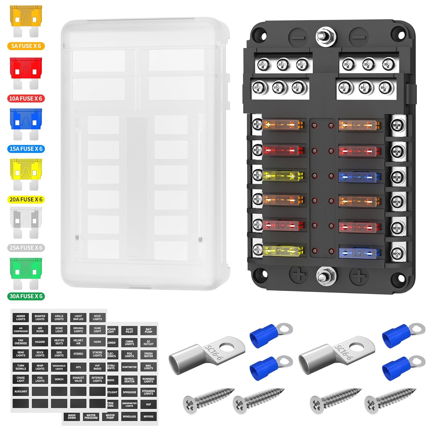 DaierTek Bloque de fusibles de 12 vías, bloque de fusibles de hoja de 12 voltios con indicador LED, caja de fusibles de 12 circuitos, panel de