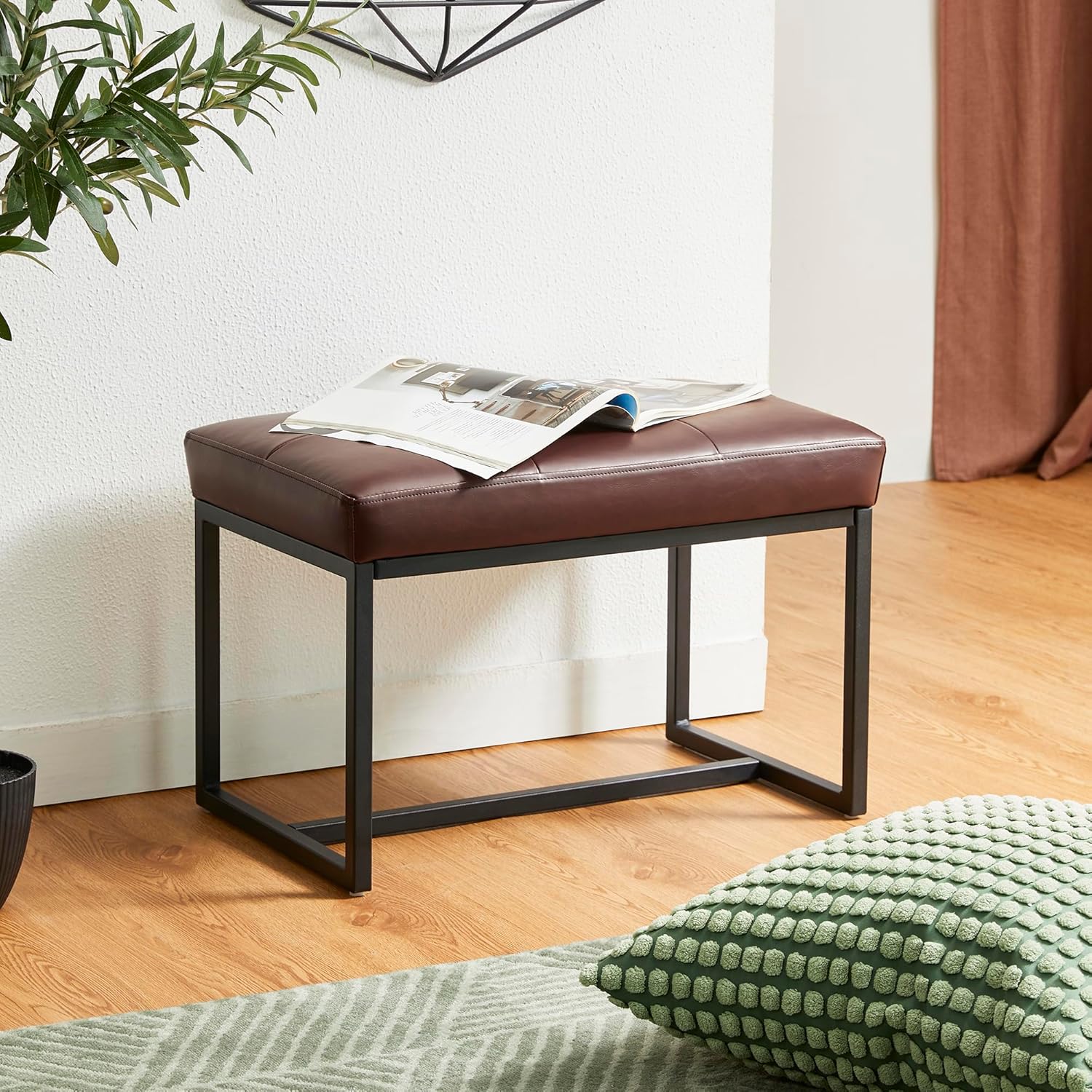glitzhome Banco otomano, moderno taburete de tocador de piel sintética con marco de metal, taburete de maquillaje, taburete acolchado para