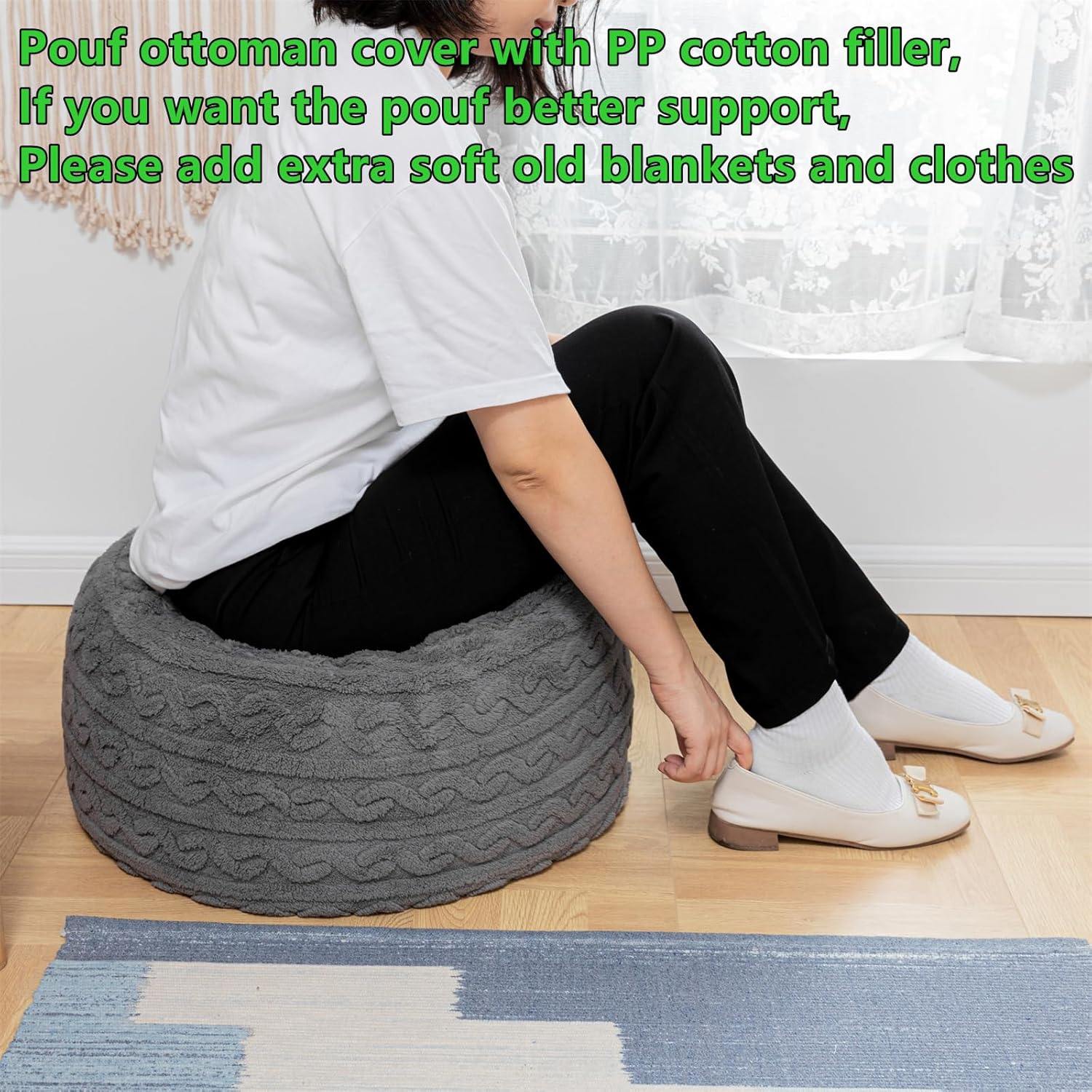 Puf otomano redondo de relleno de 20 x 20 x 12 pulgadas, otomano de fibra de felpa, reposapiés debajo del escritorio, ideal para sala de estar,